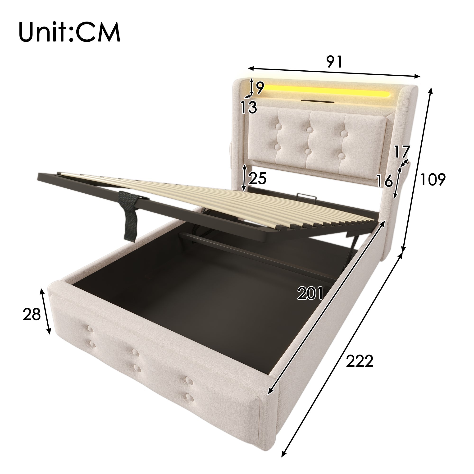 Upholstered Bed 90x200 Single LED Headboard USB-C Hydraulic Storage, Beige Cotton