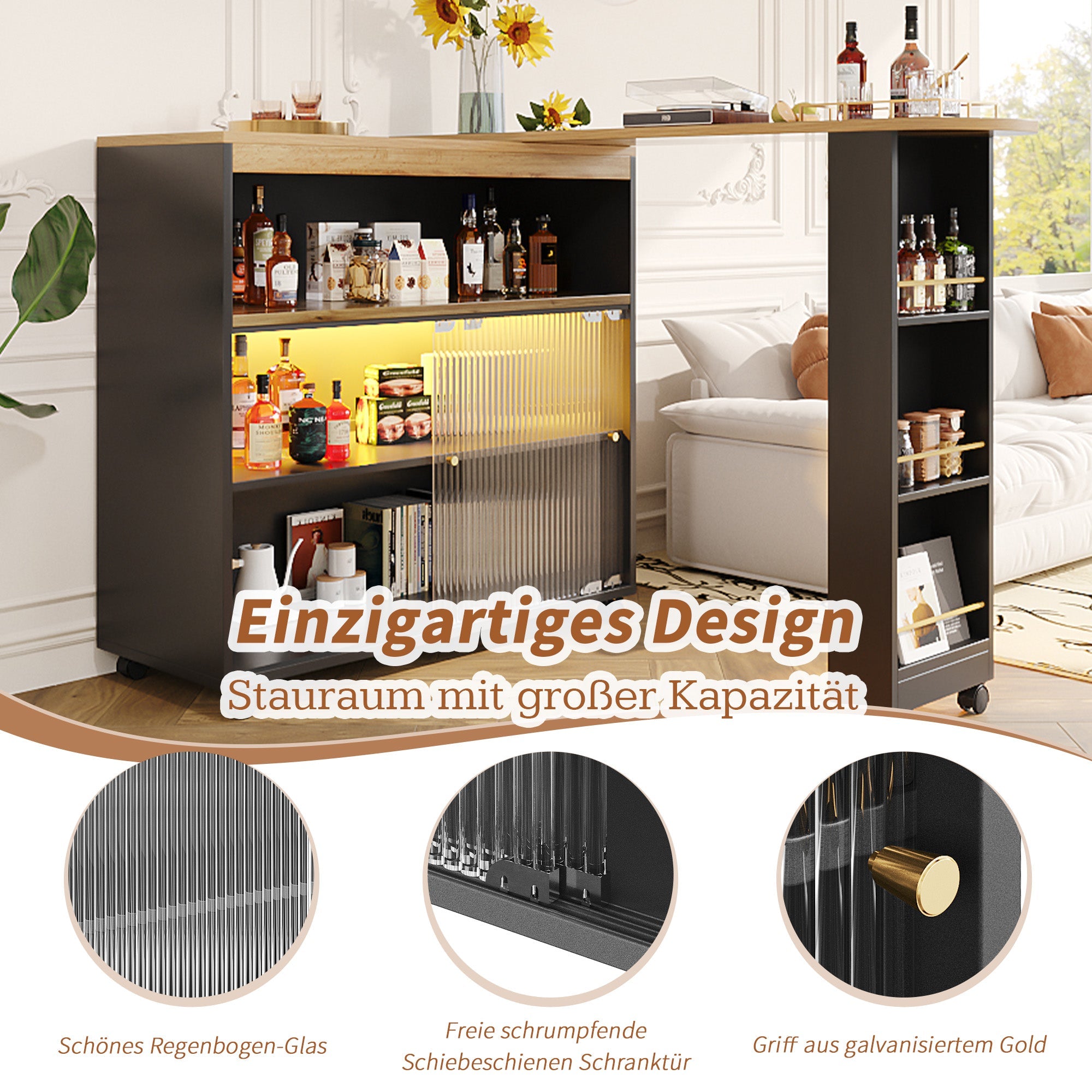 Extendable Bar Table Telescopic with LED Light Storage Cabinet Black