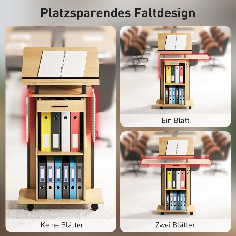 Rollbares Rednerpult, klappbare Seitenflügel & Ablagen, Eiche