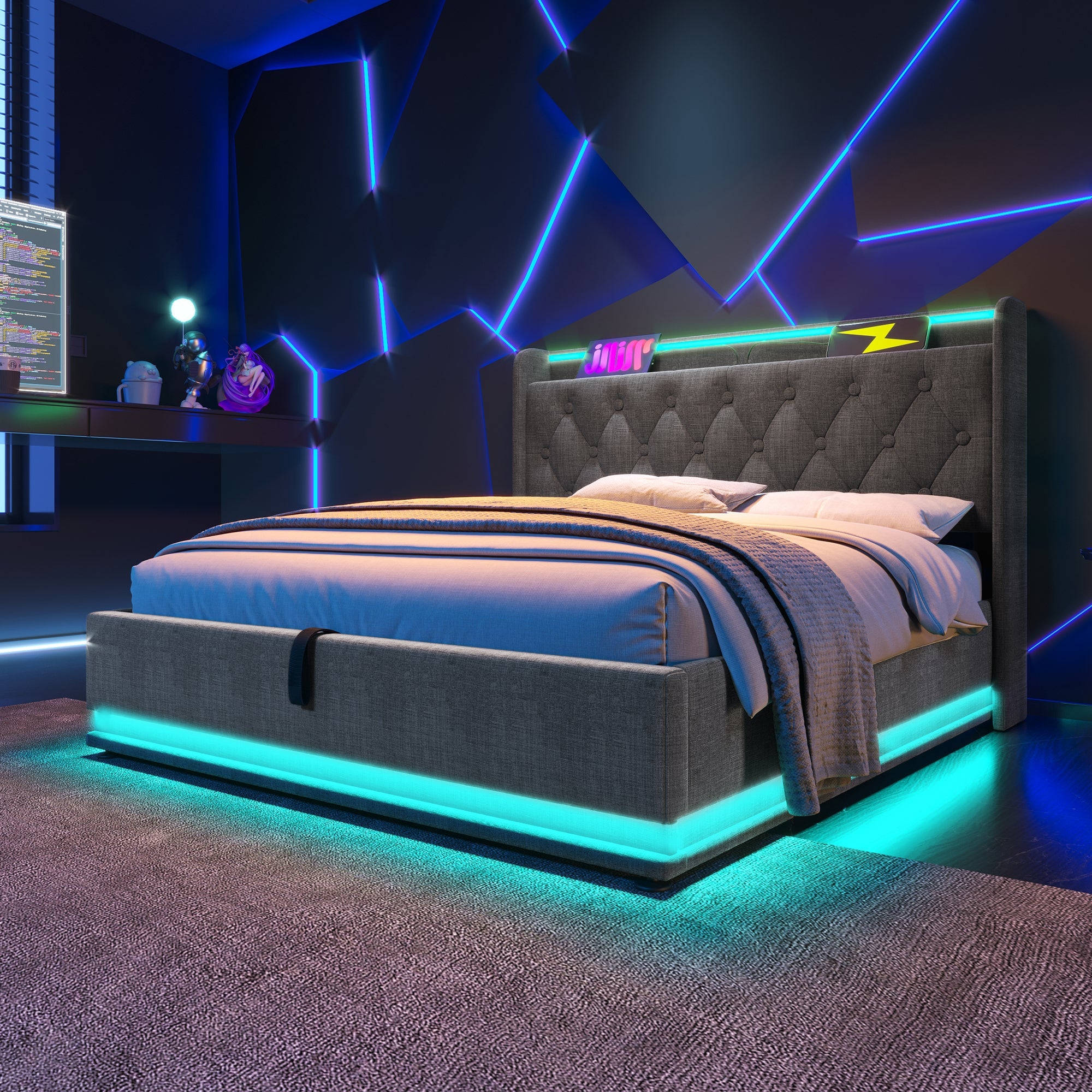 Upholstered Bed with LED, Hydraulic Storage and USB Type-C, 180x200cm, Grey