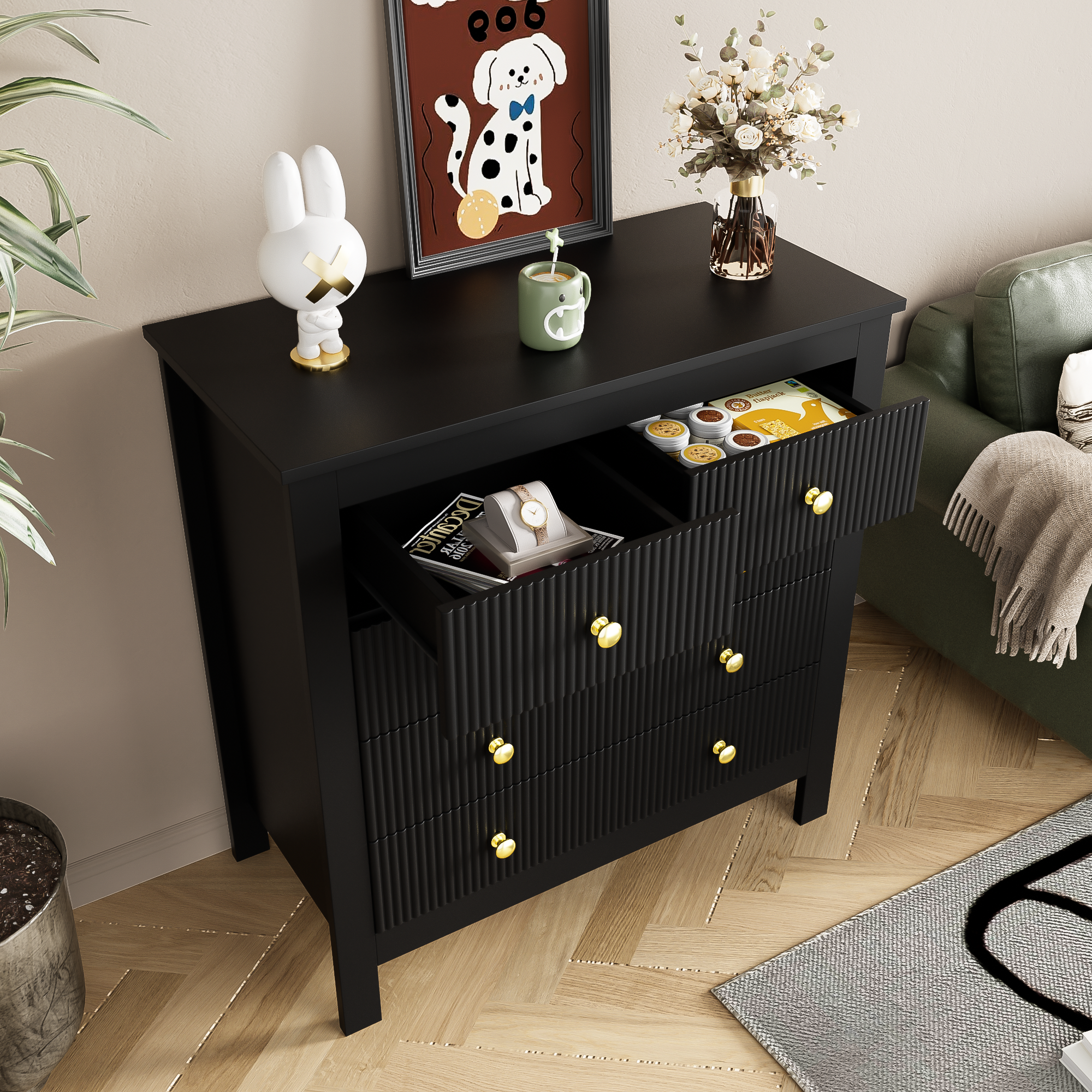 Sideboard, chest of drawers with special doors, gold handles