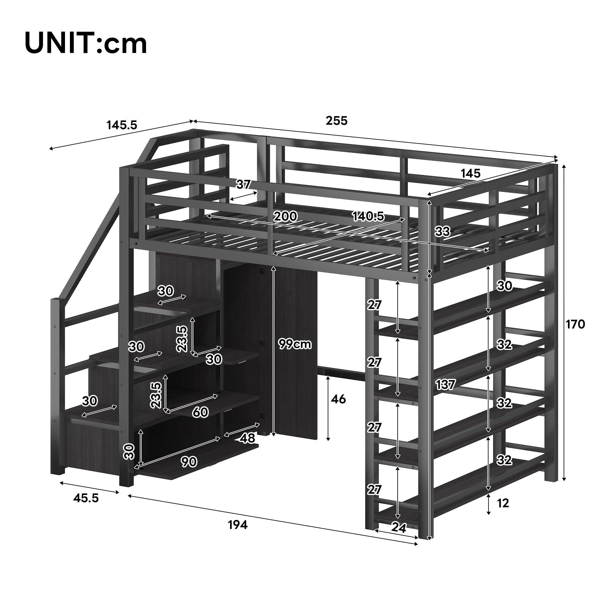 140x200 Metal Loft Bed with Wardrobe, Cabinets and LED Lighting, Black