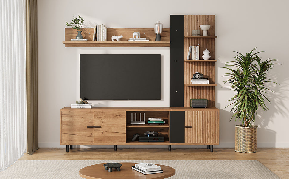 TV Wall Unit Set with Display Cabinet and Open Shelves for TV up to 80", Wood Color and Black