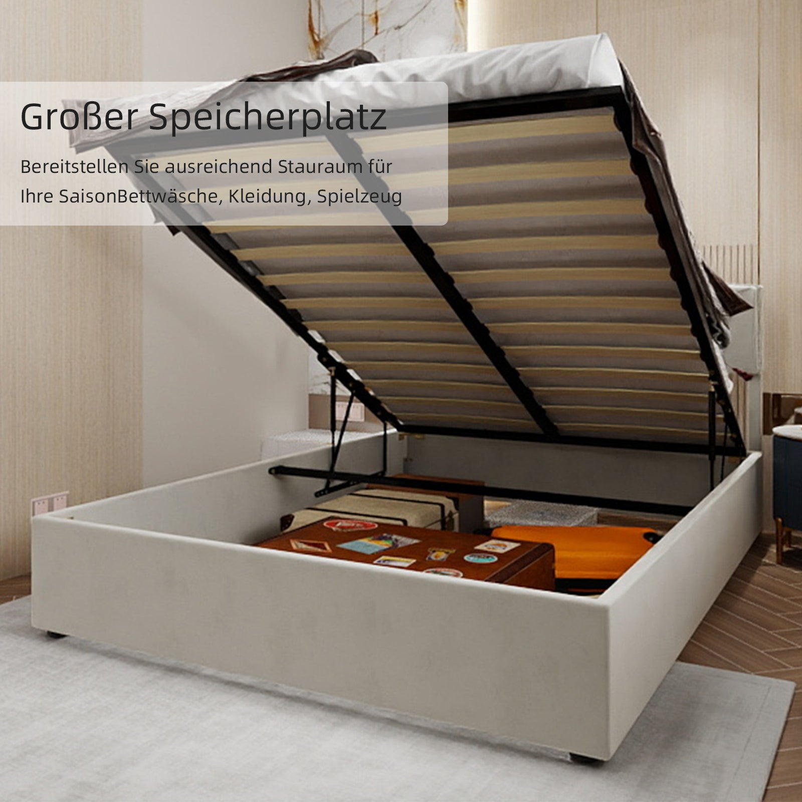 Modern Minimalist Soft Bed, Headboard with Hydraulic Rod, 140x200cm, Beige