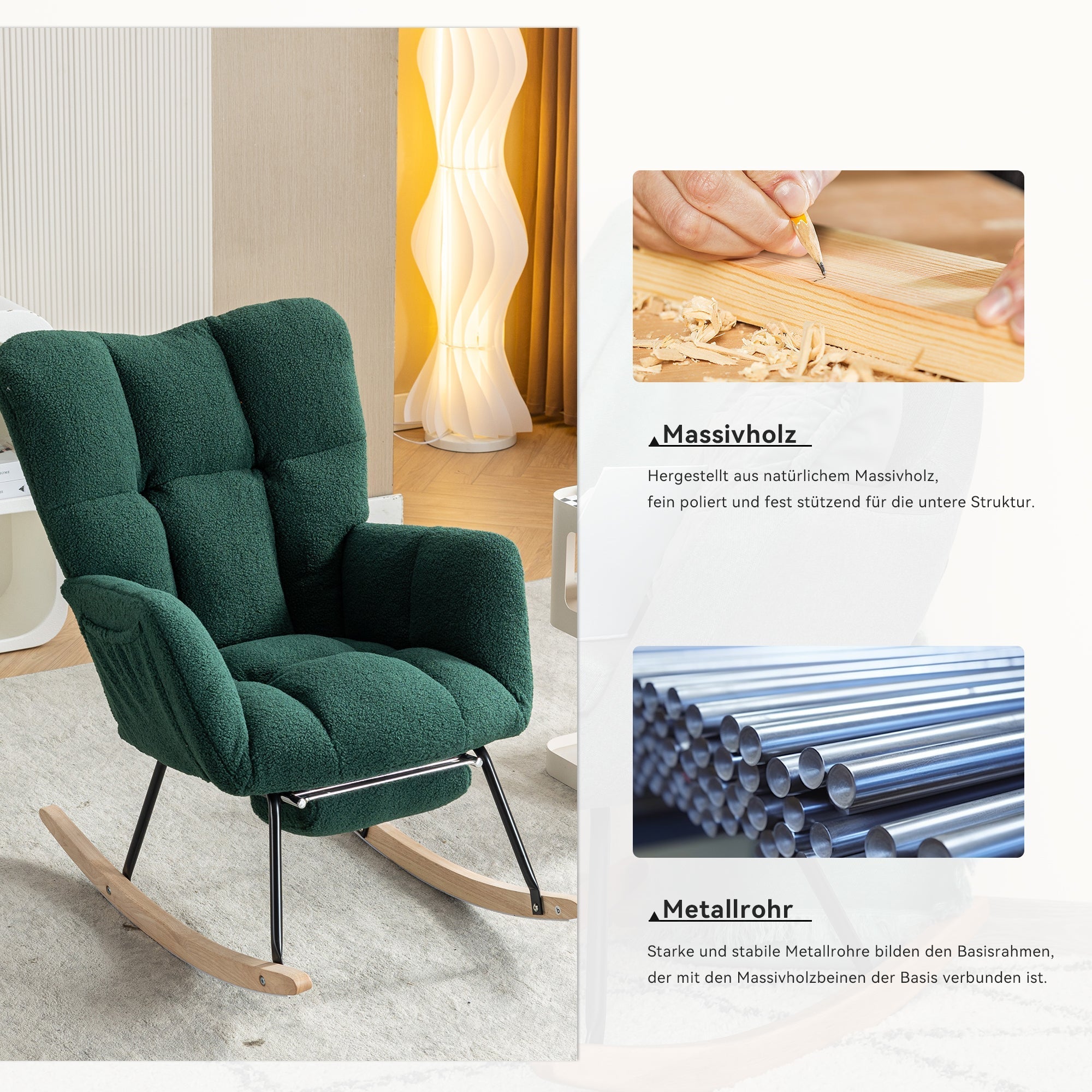 009B Rocking Chair, Modern Upholstered, Extendable Footrest, Green Teddy Fabric
