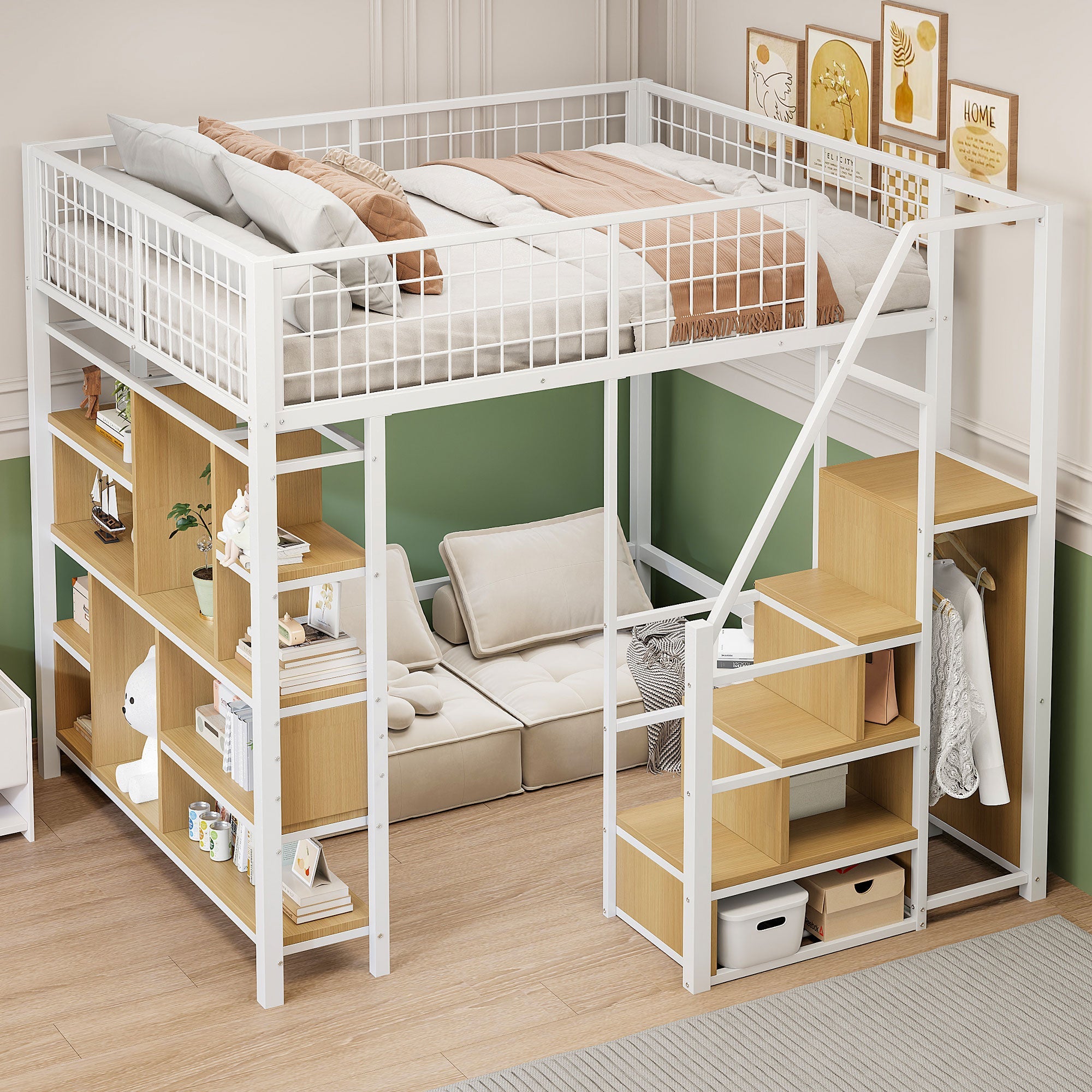 Loft Bed 140x200cm Storage Shelves Stairs - White Metal