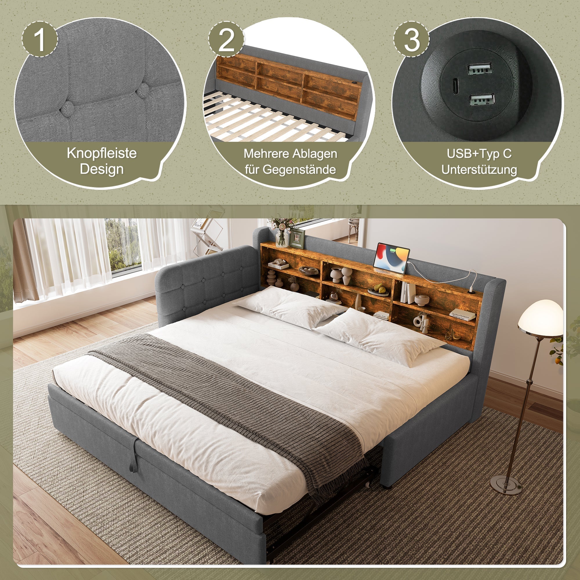 Daybed Sofa Bed 90x200cm Pull-out Storage USB/Type-C - Linen Grey