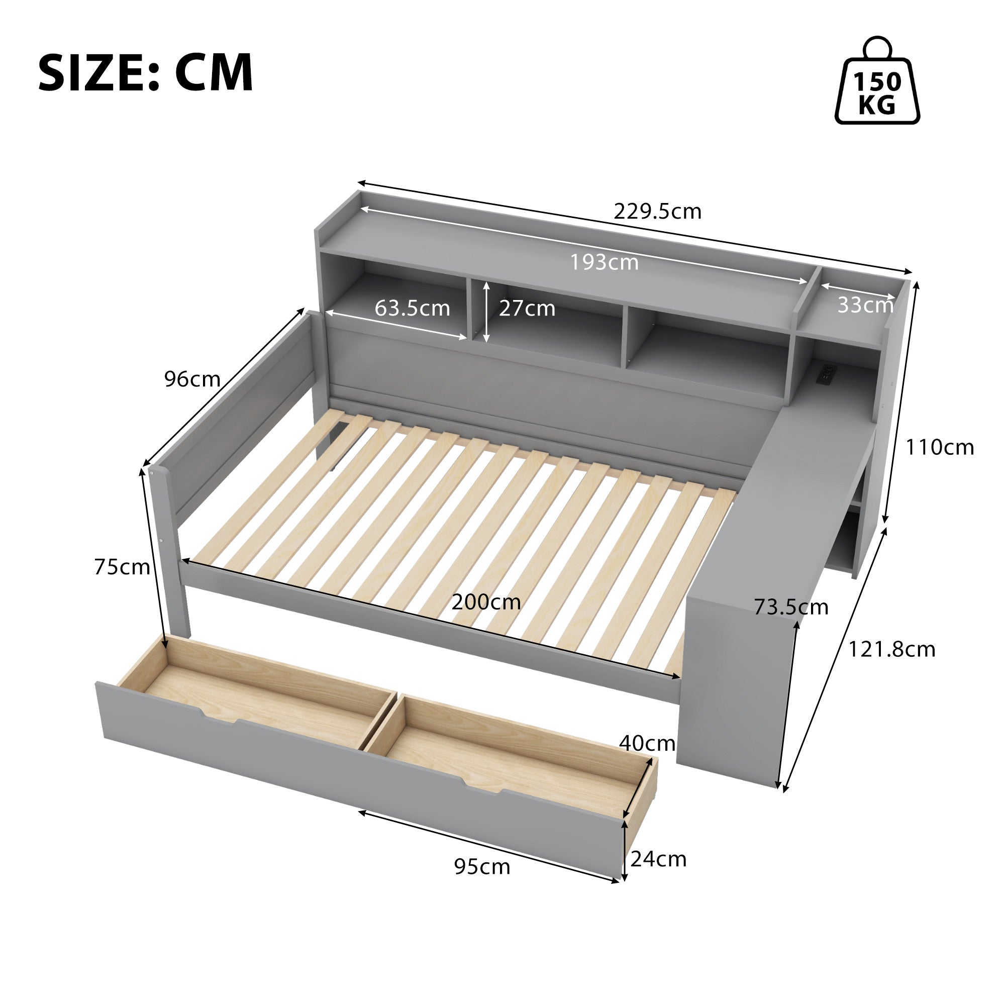 Sofa Bed Daybed, 90x200cm, USB, 2 Drawers, Desk, Grey Chipboard