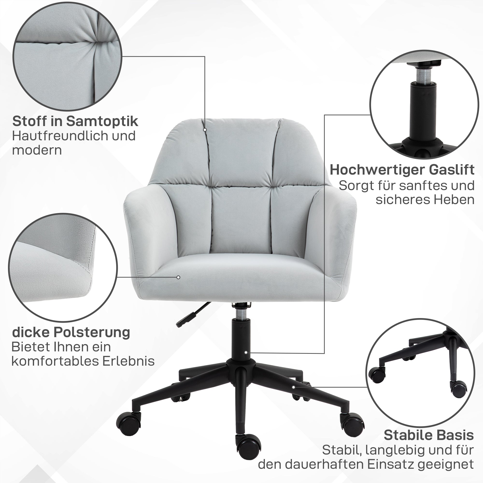 Drehstuhl, Höhenverstellbar Modern, Armlehne, 120 kg, Hellgrauer Samt