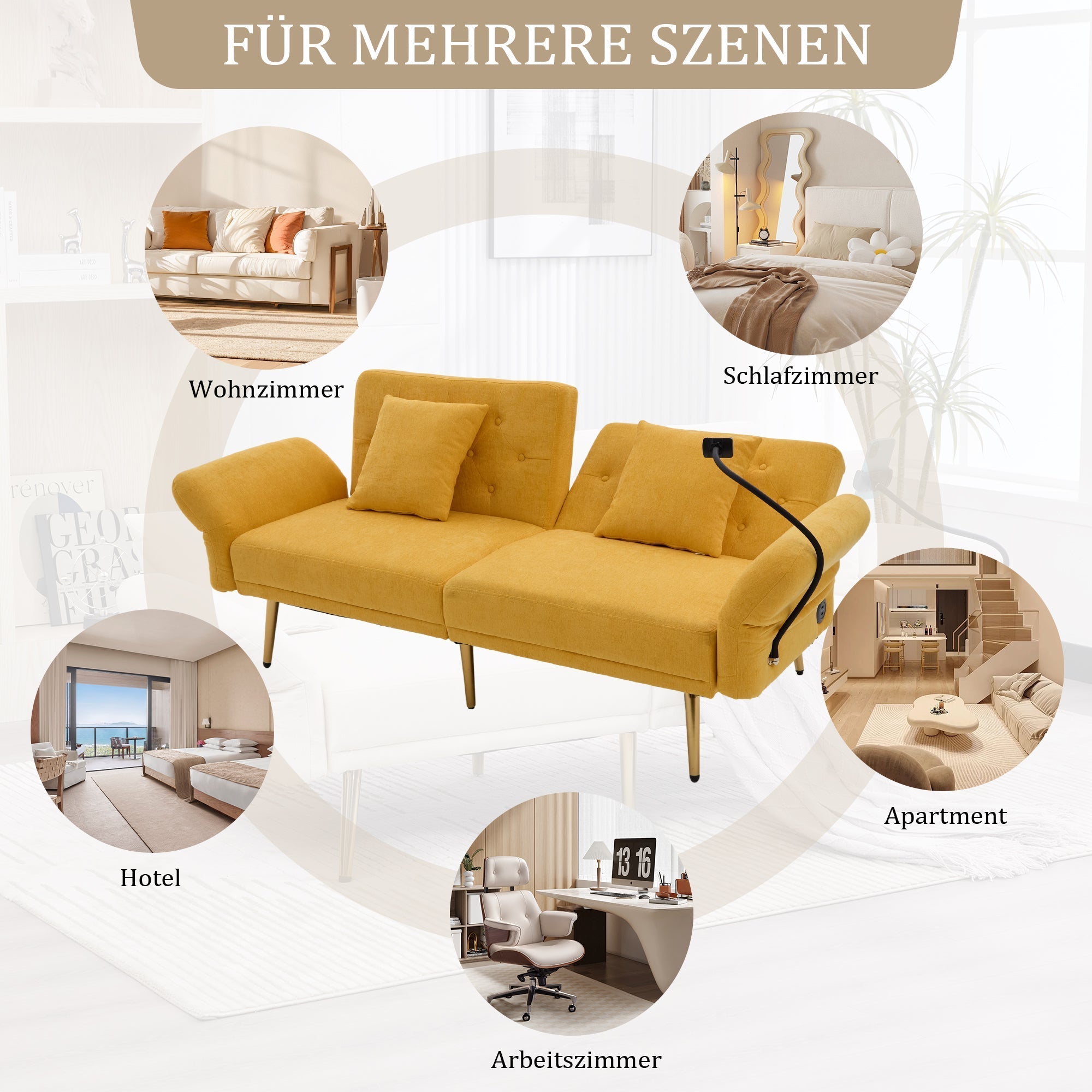 Sofa Bed, Multifunctional Folding with Adjustable Backrest, USB Ports, Side Pocket, Metal Legs