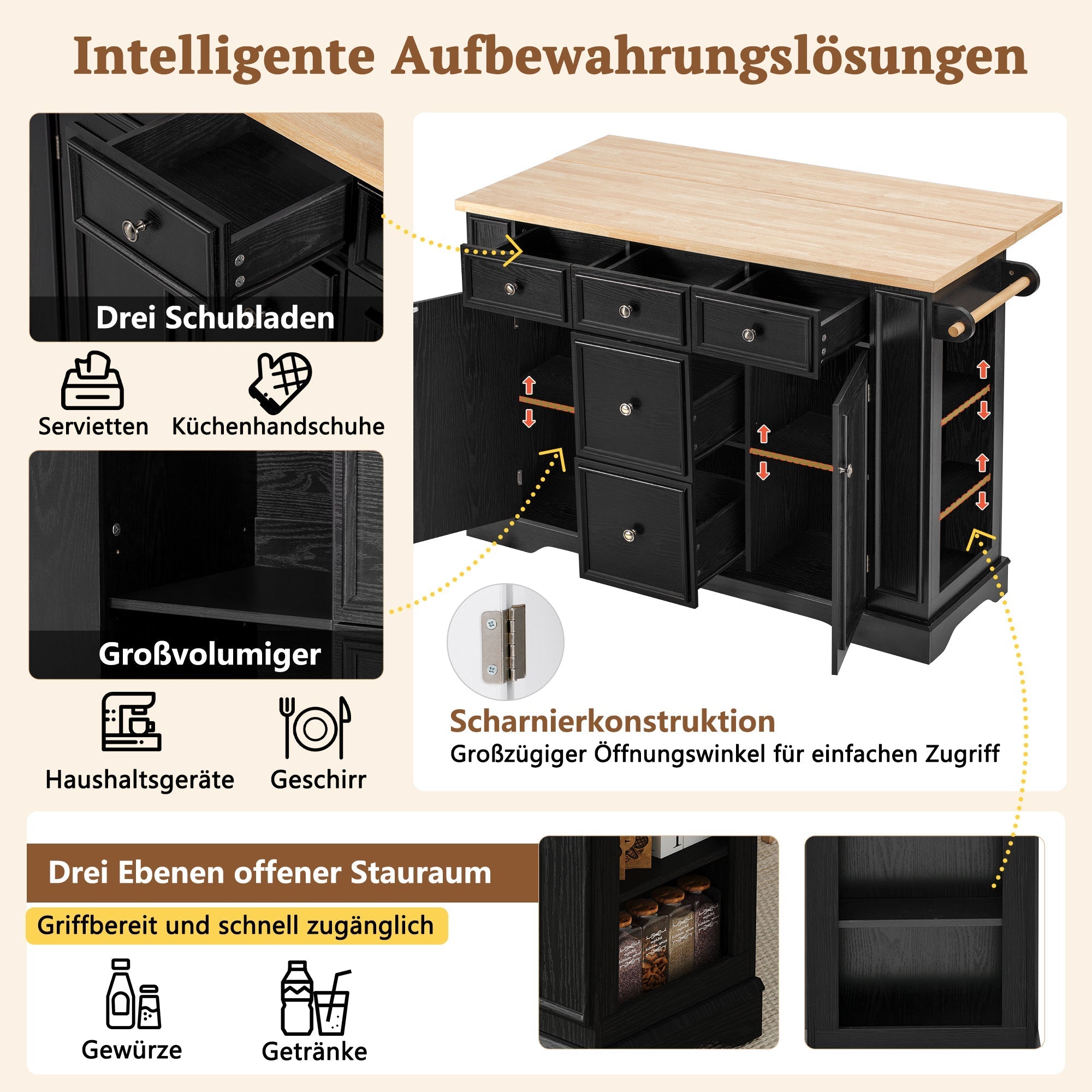 Extendable Kitchen Island with Drawers, Shelves & Power Strips - Black