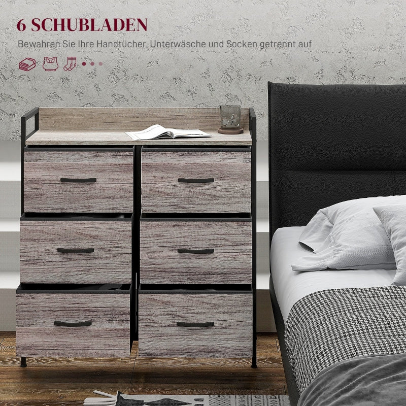 Chest of drawers 6 fabric drawers wood look steel frame gray