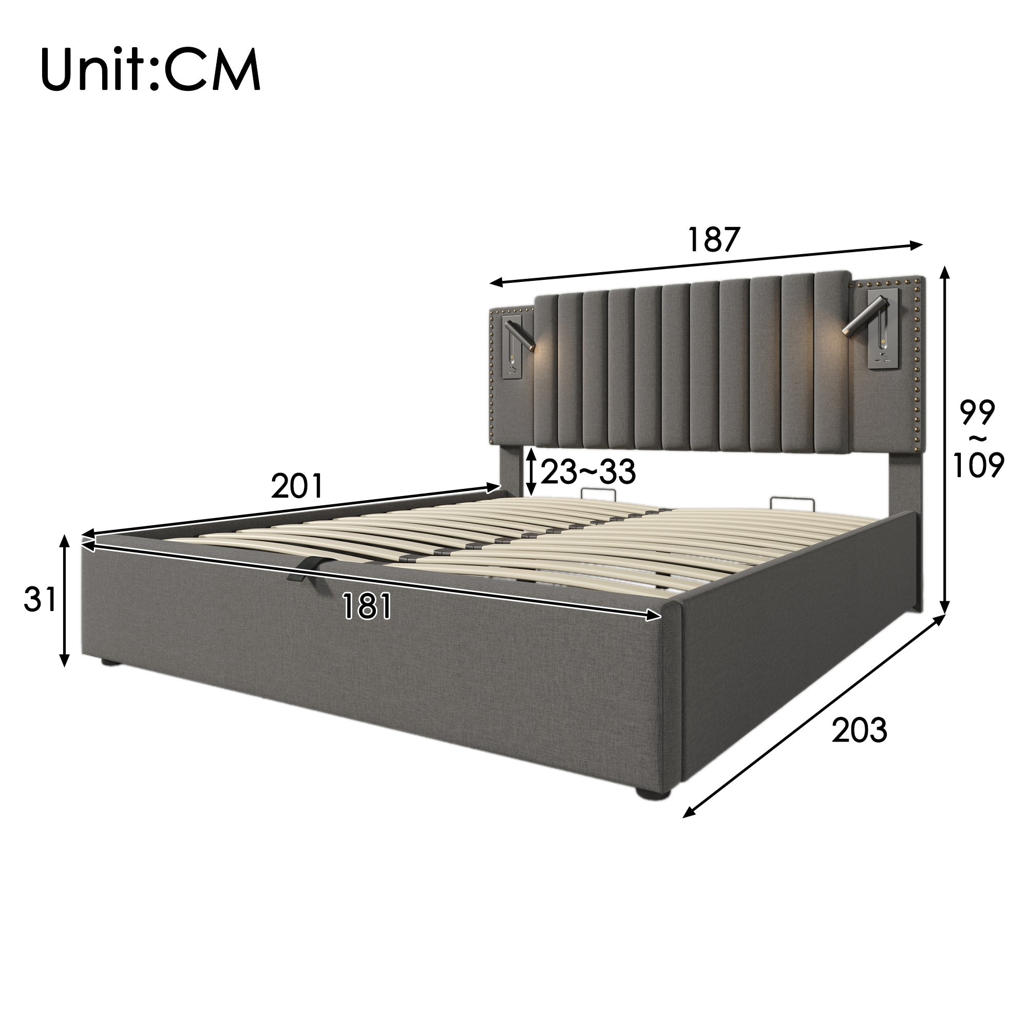 Upholstered Bed 180x200 Double Storage USB Reading Light Studded Headboard Cotton Grey