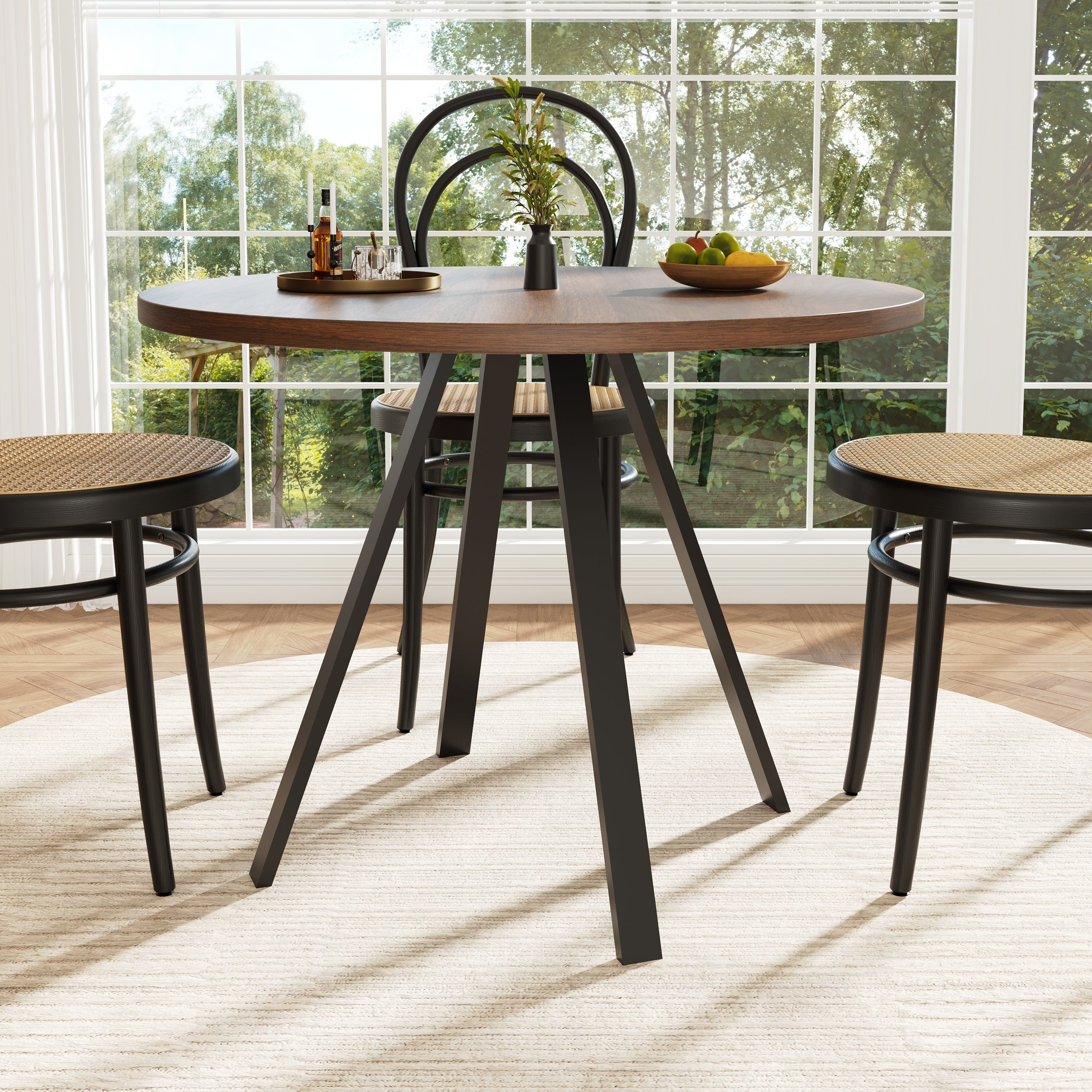 Round Dining Table 80cm Kitchen Coffee Table for 4 Metal Legs Walnut & Black