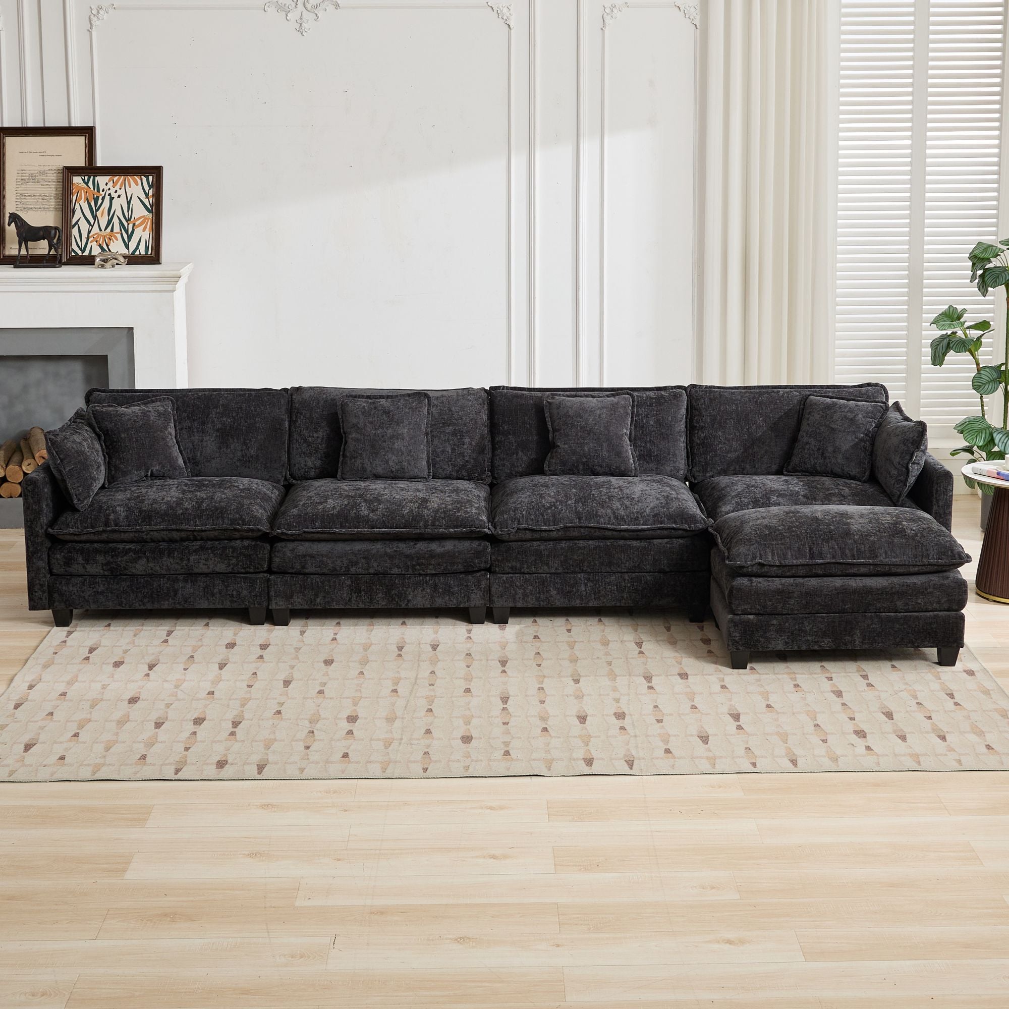 Cloud Sofa 4 Seats, Modern Sectional Couch with Double Layer Cushions, Black Chenille Fabric