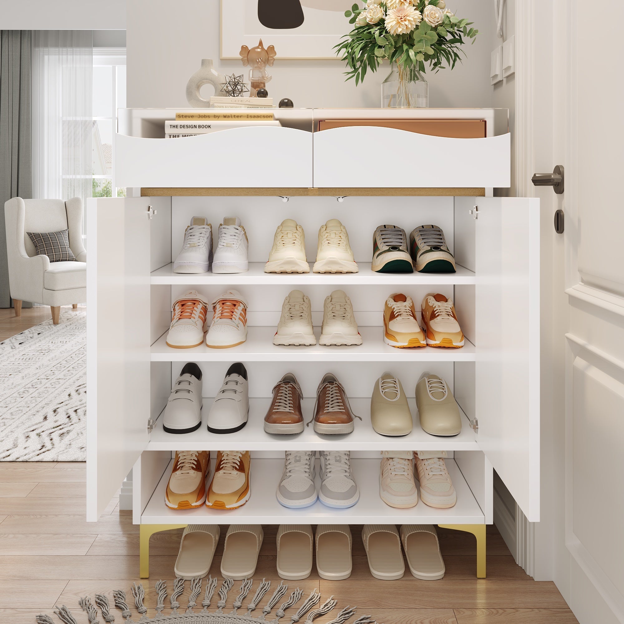 Shoe Cabinet, LED 16 Colors, Drawers & Shelves, Modern White