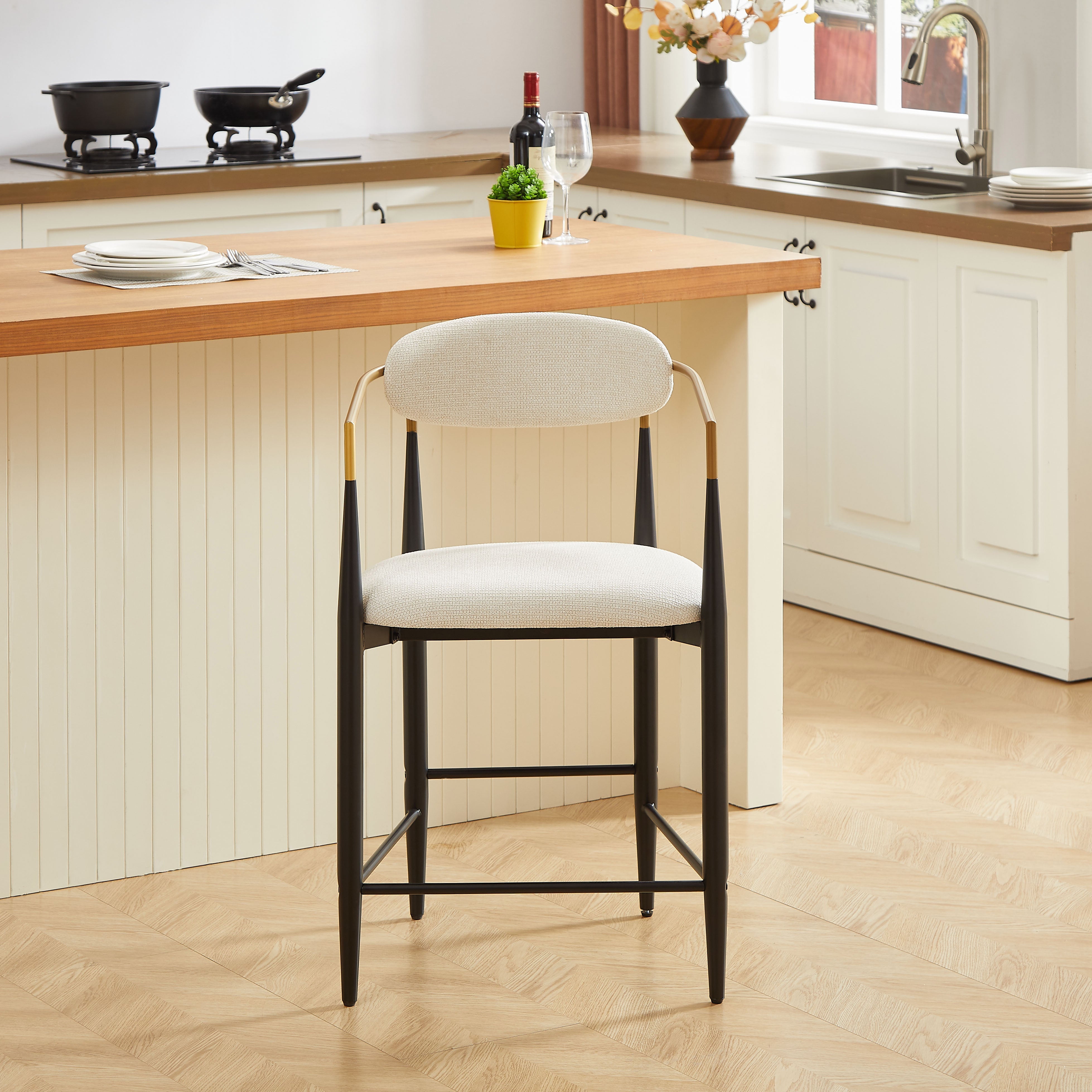 Set of 2 Bar Stools Armrests French Country Style Black/Gold - Cream Fabric
