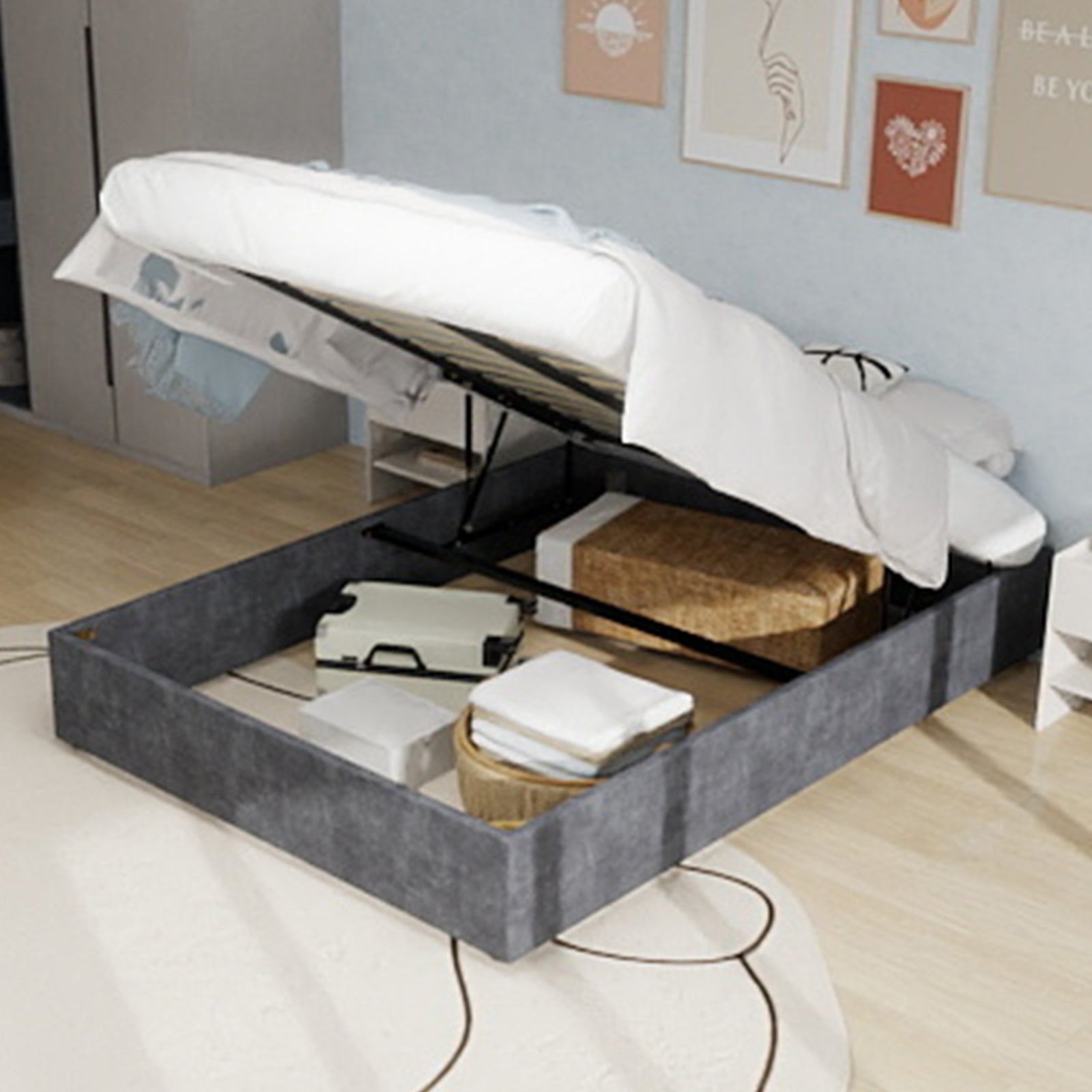 Bed Frame 160x200cm Minimalist Gas Lift Rods, Dutch Velvet Gray