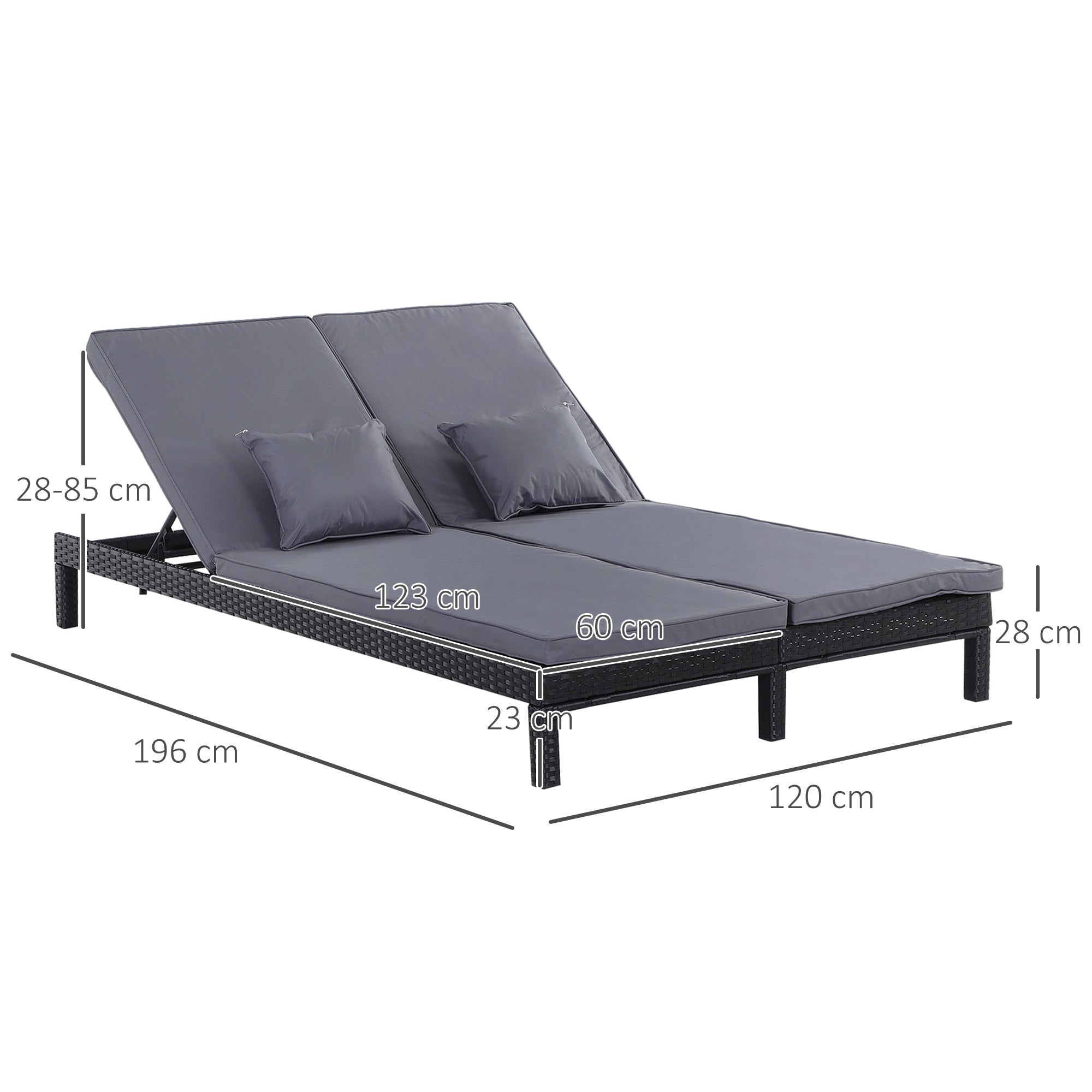2 Seater Rattan Lounger Double Chaise with Adjustable Backrest and Cushion, Black