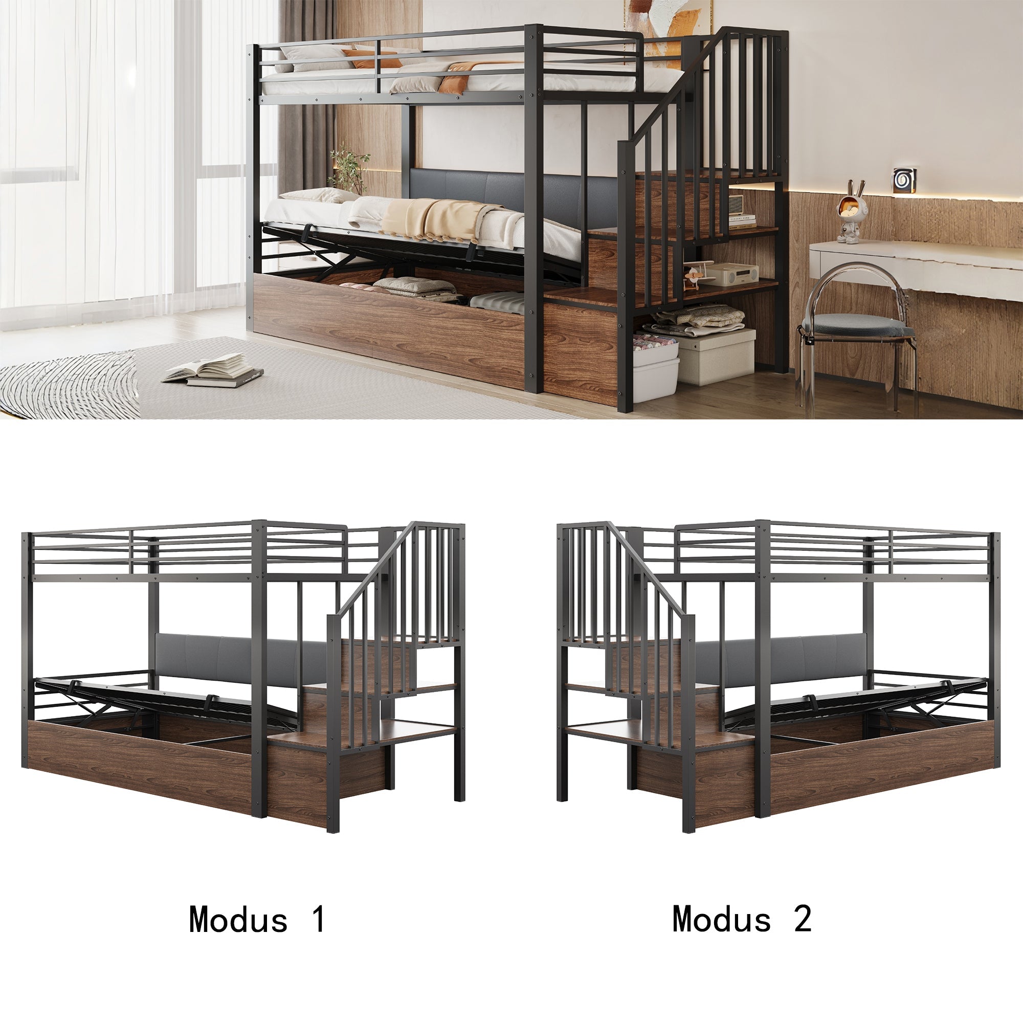 Iron Loft Bed with Hydraulic Function, Padded Backrest and Safety Ladder, 90x200cm, Black PU
