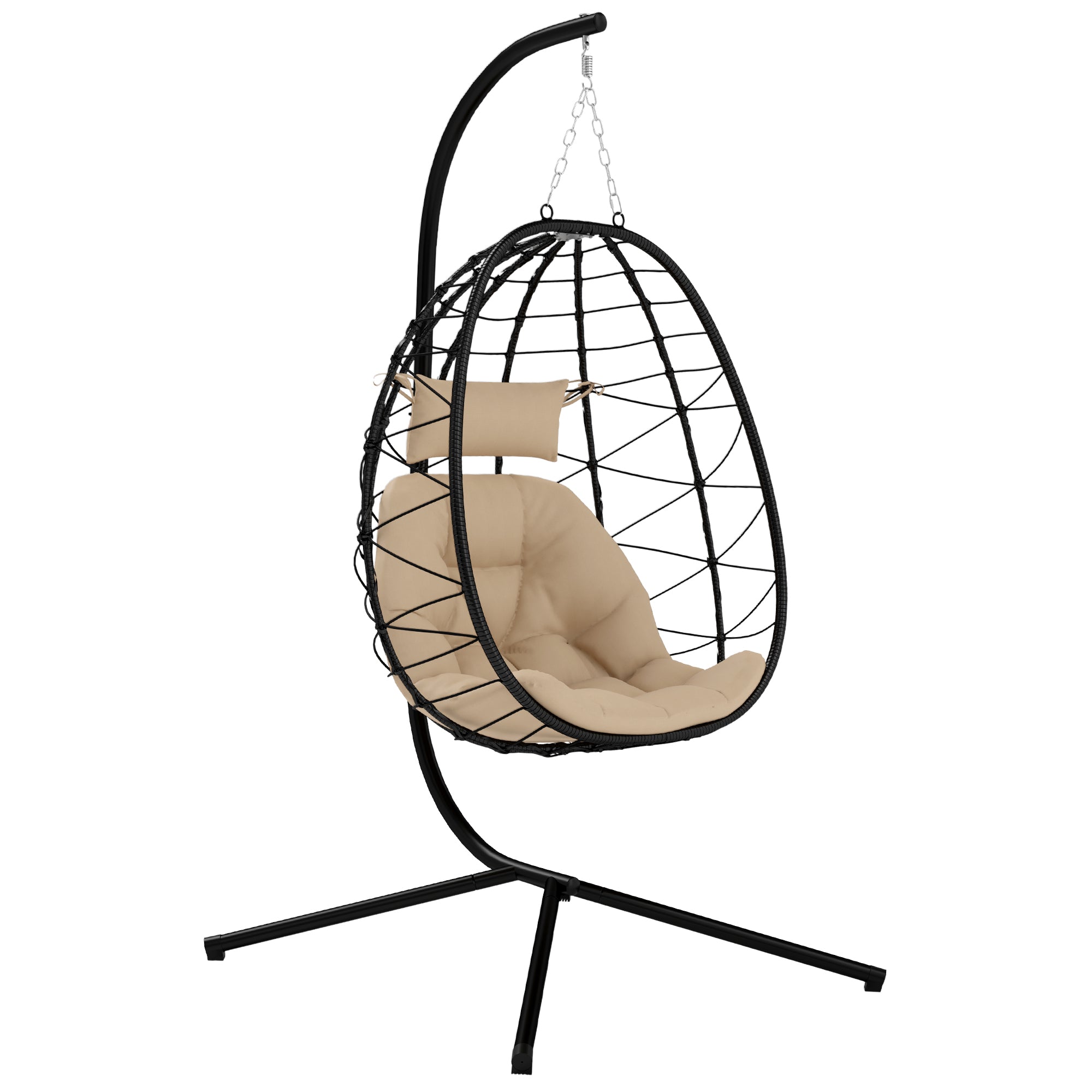 Hanging Egg Chair, Indoor Outdoor Swing Chair with Folding Basket & Stand, Khaki