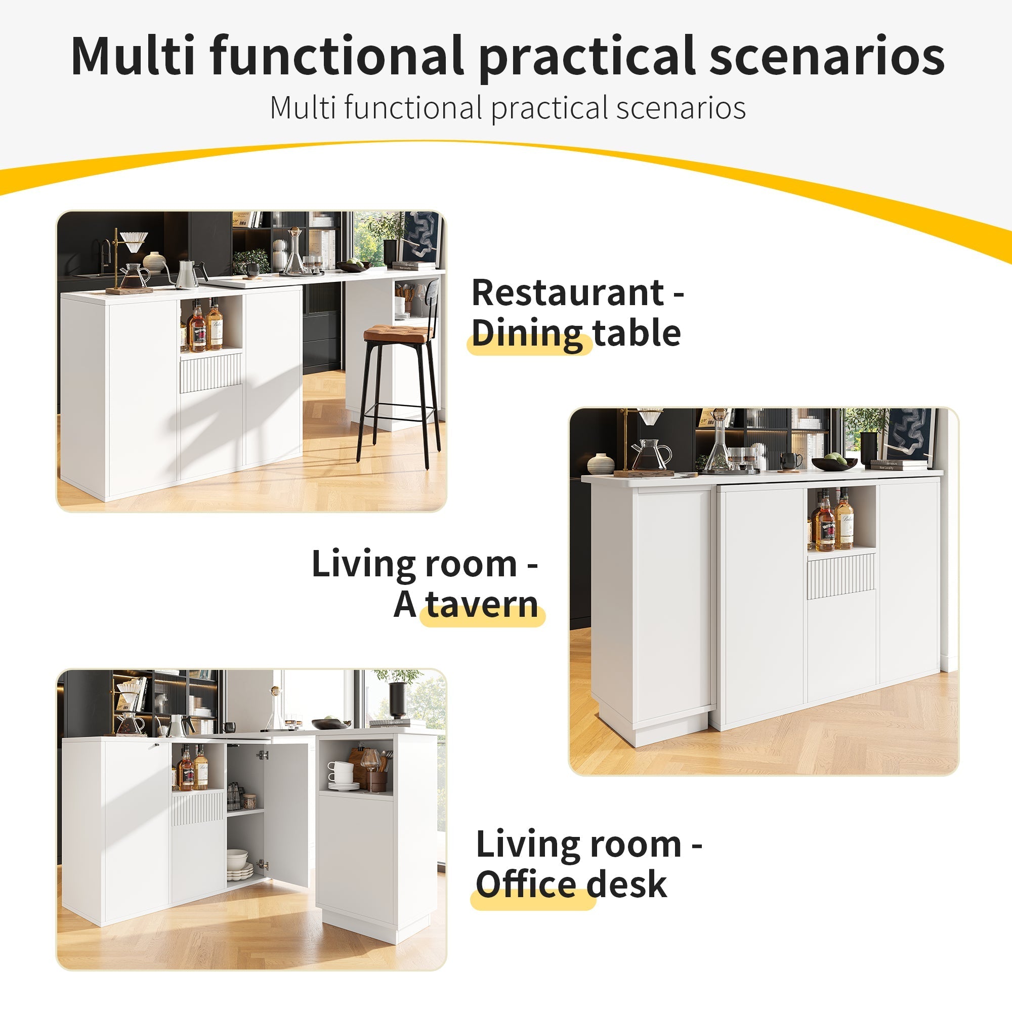 Bar Table, 360° Rotating Multifunctional Storage with Open Space, White Marble Top