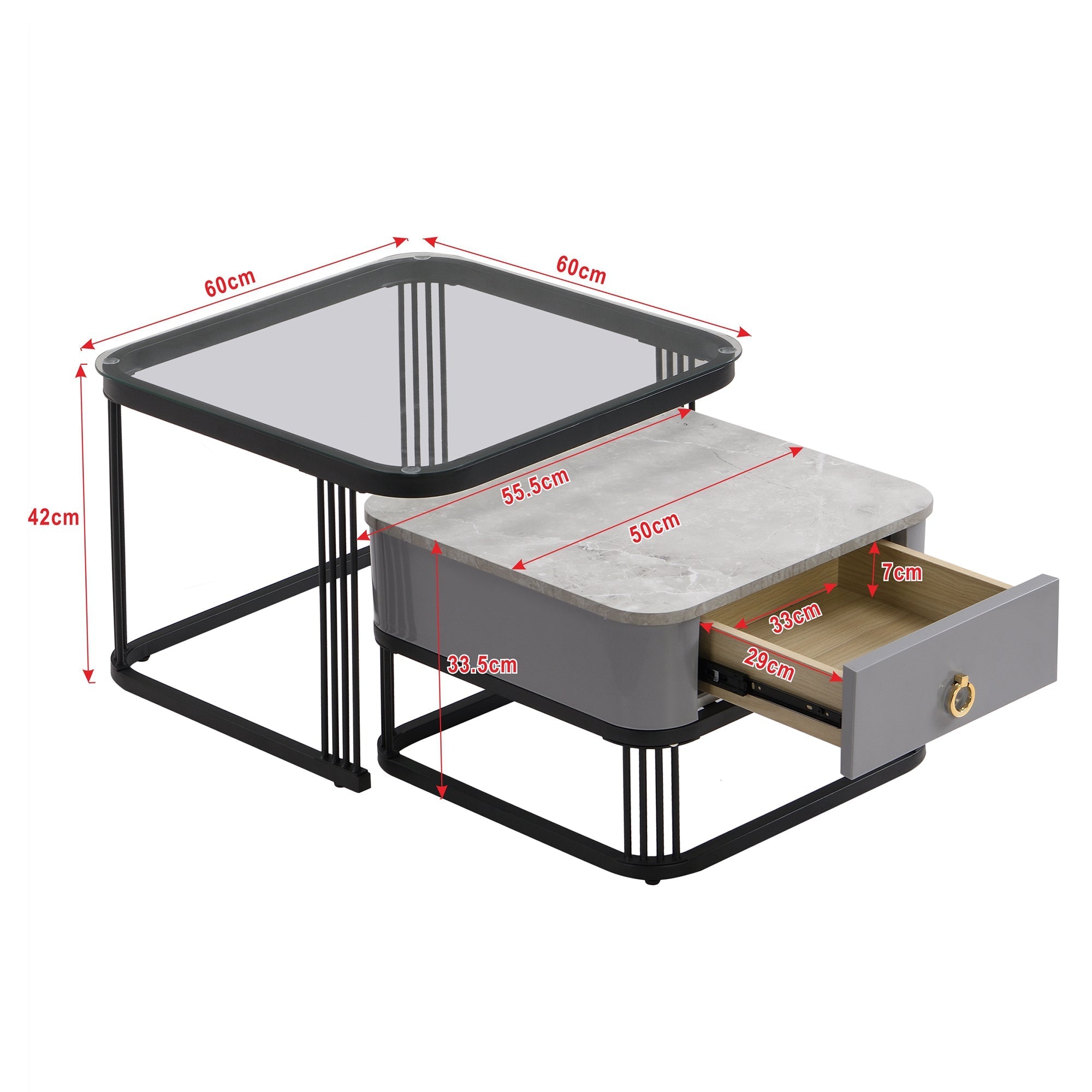 Stackable Coffee Table: High-Gloss Marble Look, Glass Top, Black Legs