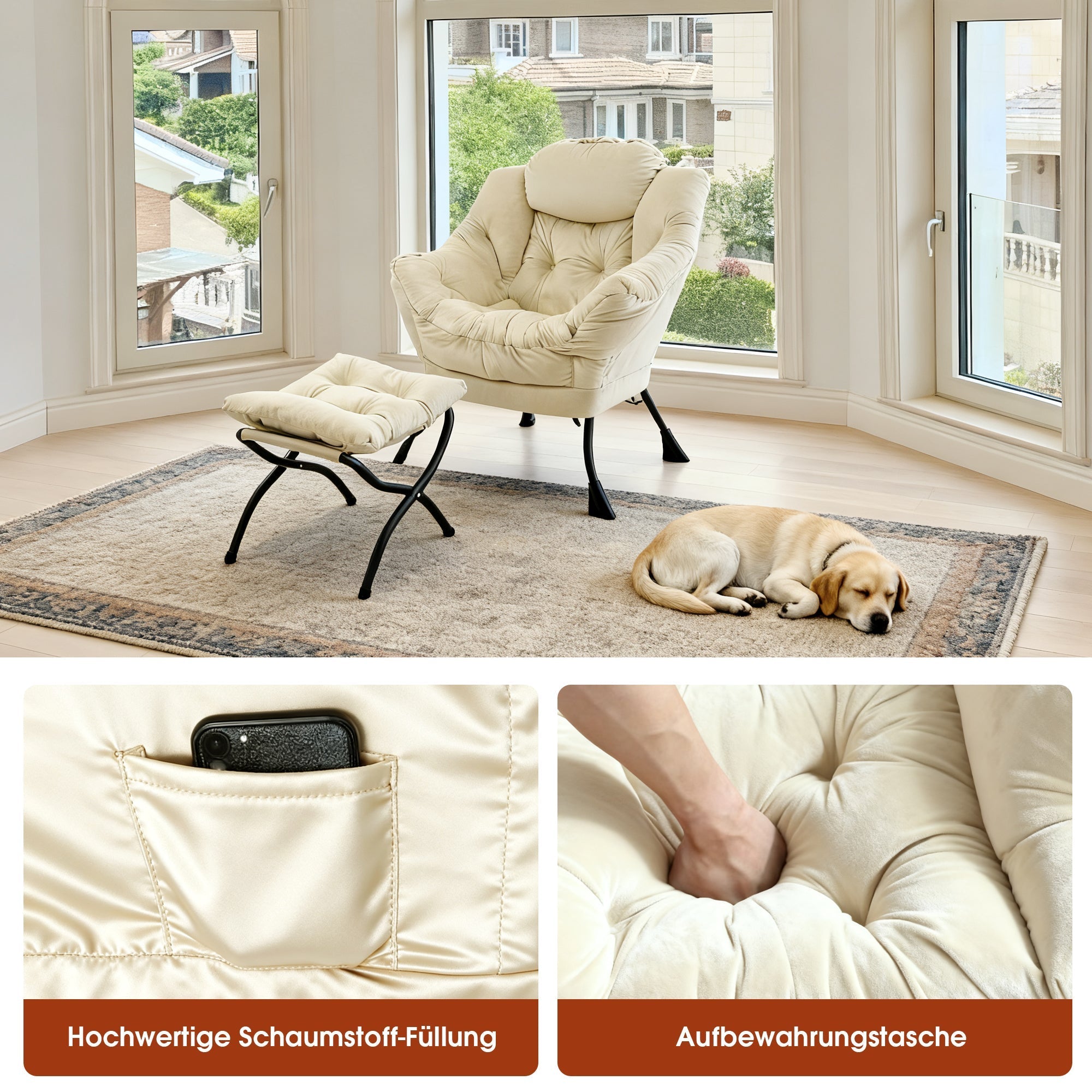 Armchair with Footstool Recliner Armrests Side Pocket - Beige