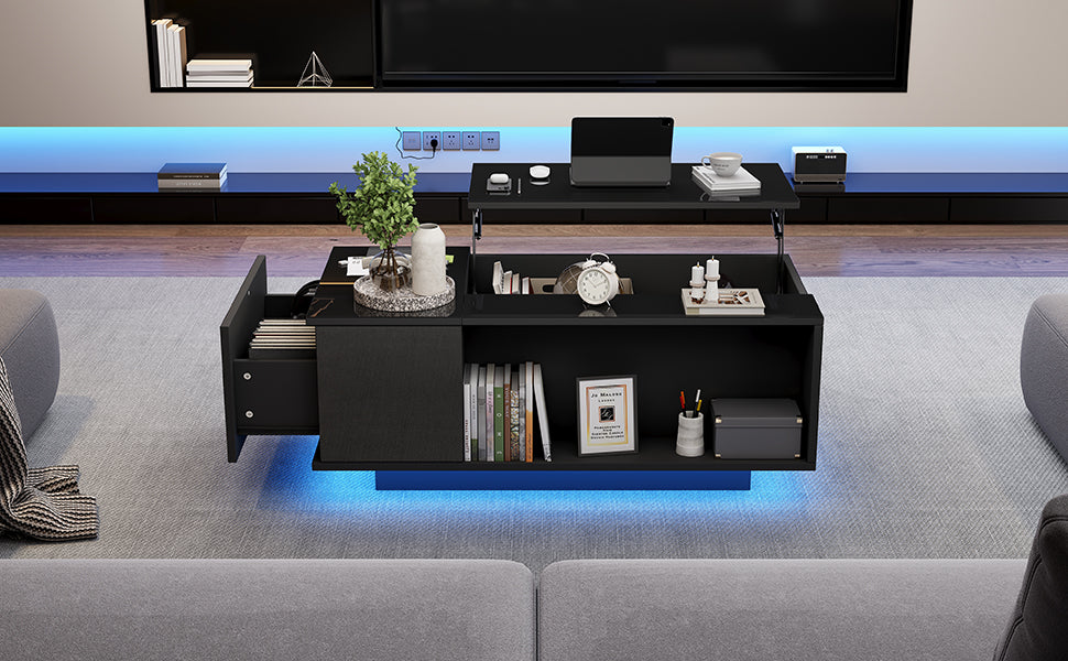 Coffee Table, Height-Adjustable with Hidden Storage & LED Light, Black
