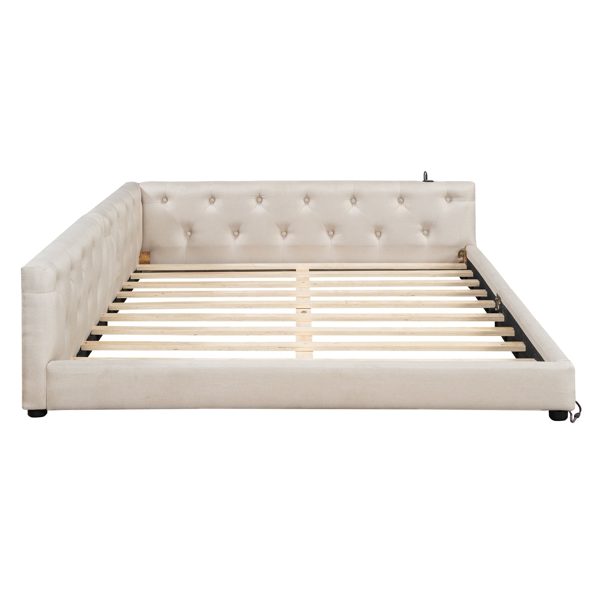 Sofa Bed 140x200cm LED Light USB/Type-C Button Tufting - Beige Linen