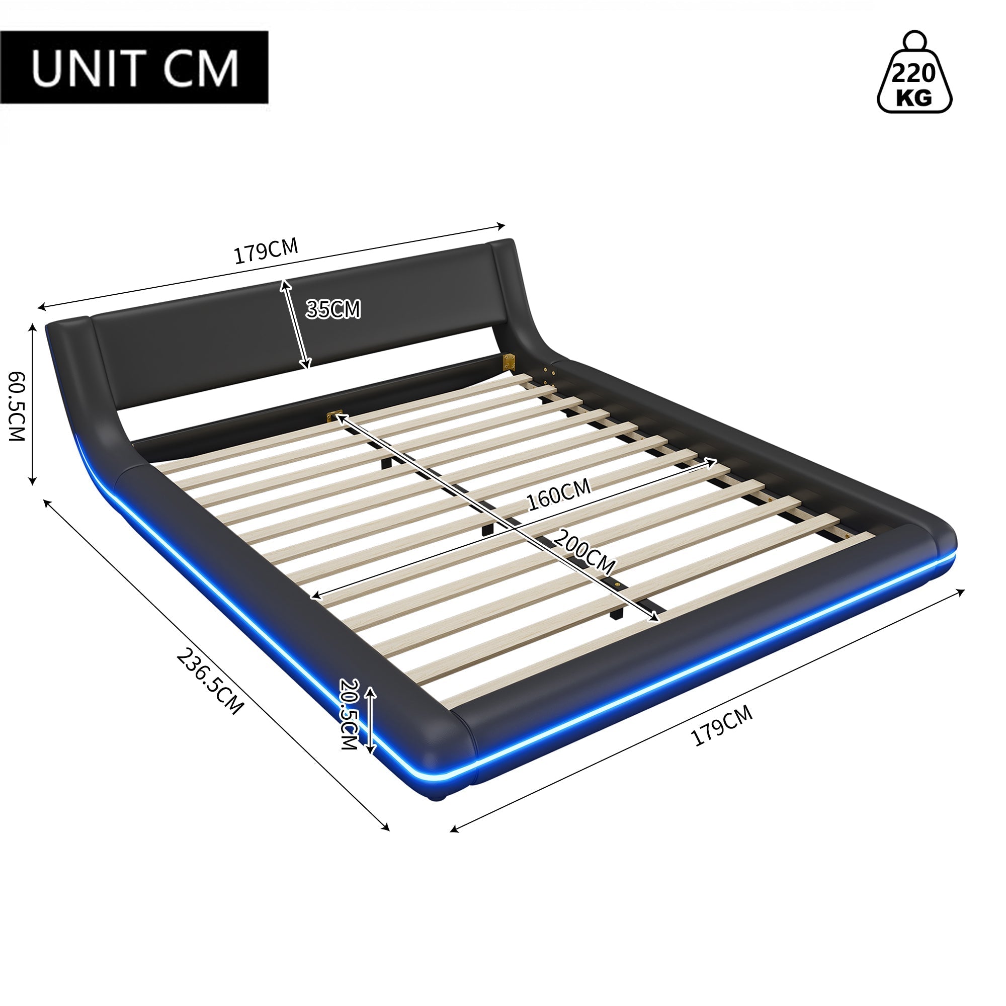 Flatbed Floor Bed 160x200cm with LED Ambient Light PU Black