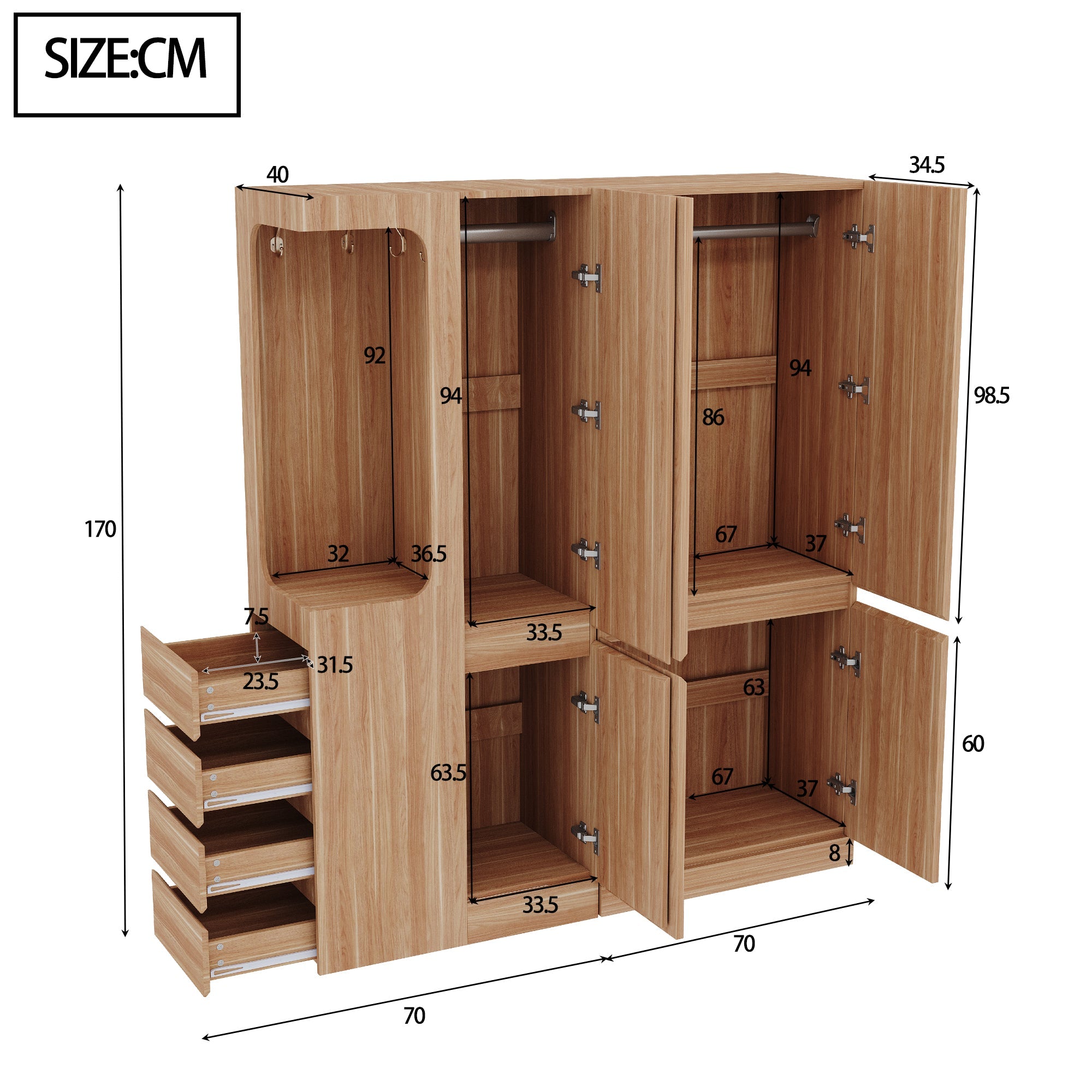 Extra-Large Wardrobe with Drawers and Storage Compartments, 140x40x170cm, Wood Color