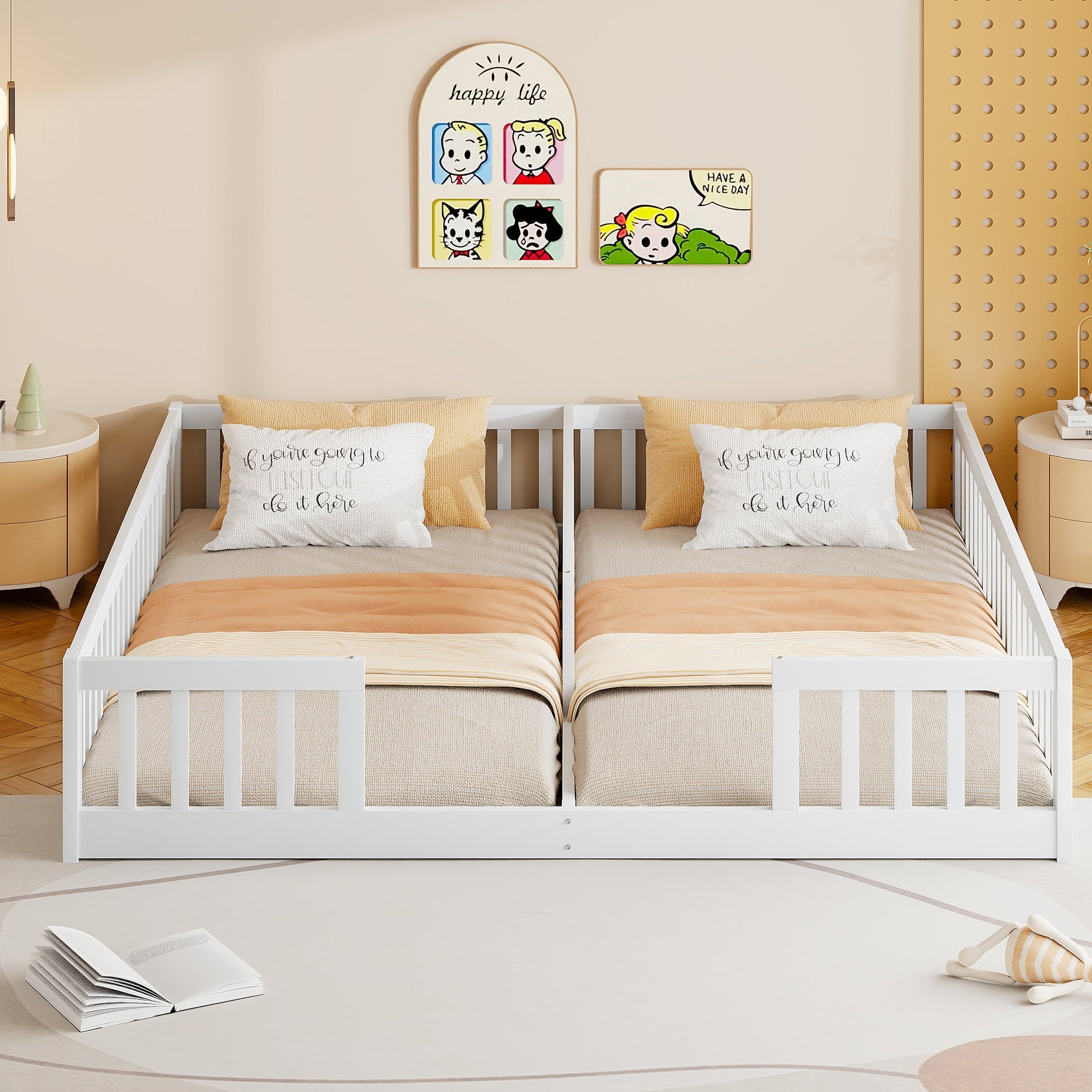 Panel Bed 90x200cm with Railing Minimalist Pine Wood - White