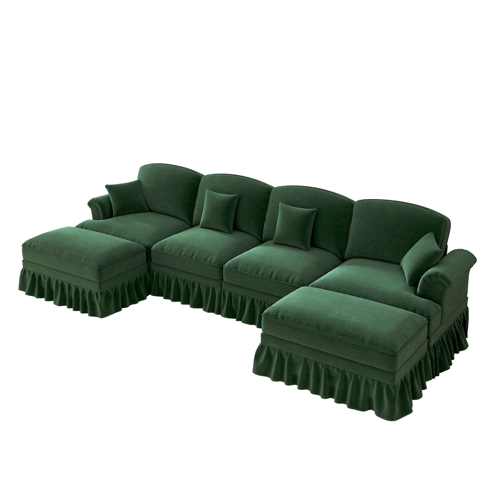 U-shaped Modular Sofa 4-Seater Movable Ottoman - Chenille Green