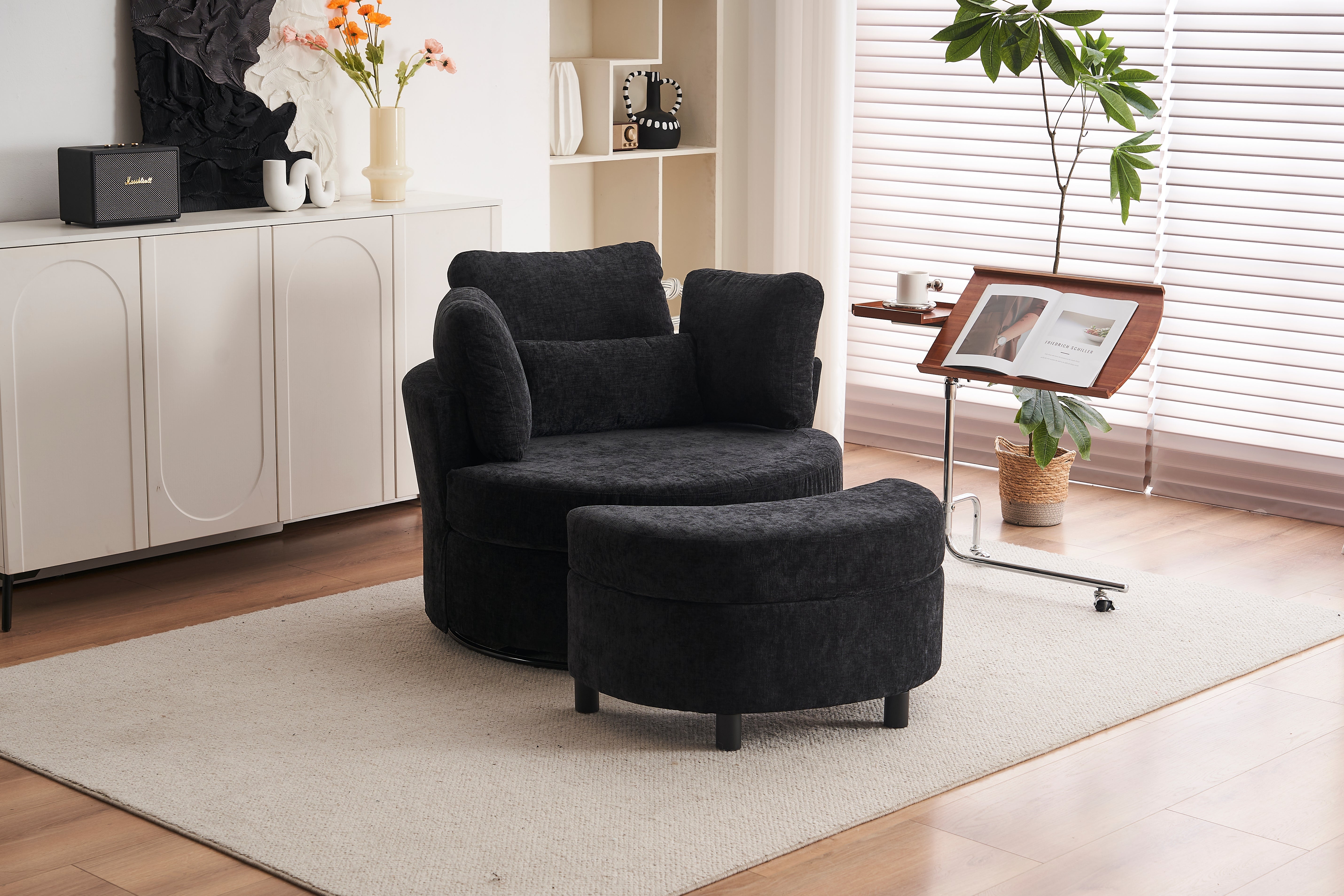 Chenille Swivel Armchair: 3 Back Cushion Pillow Ottoman Crescent Stool, Black