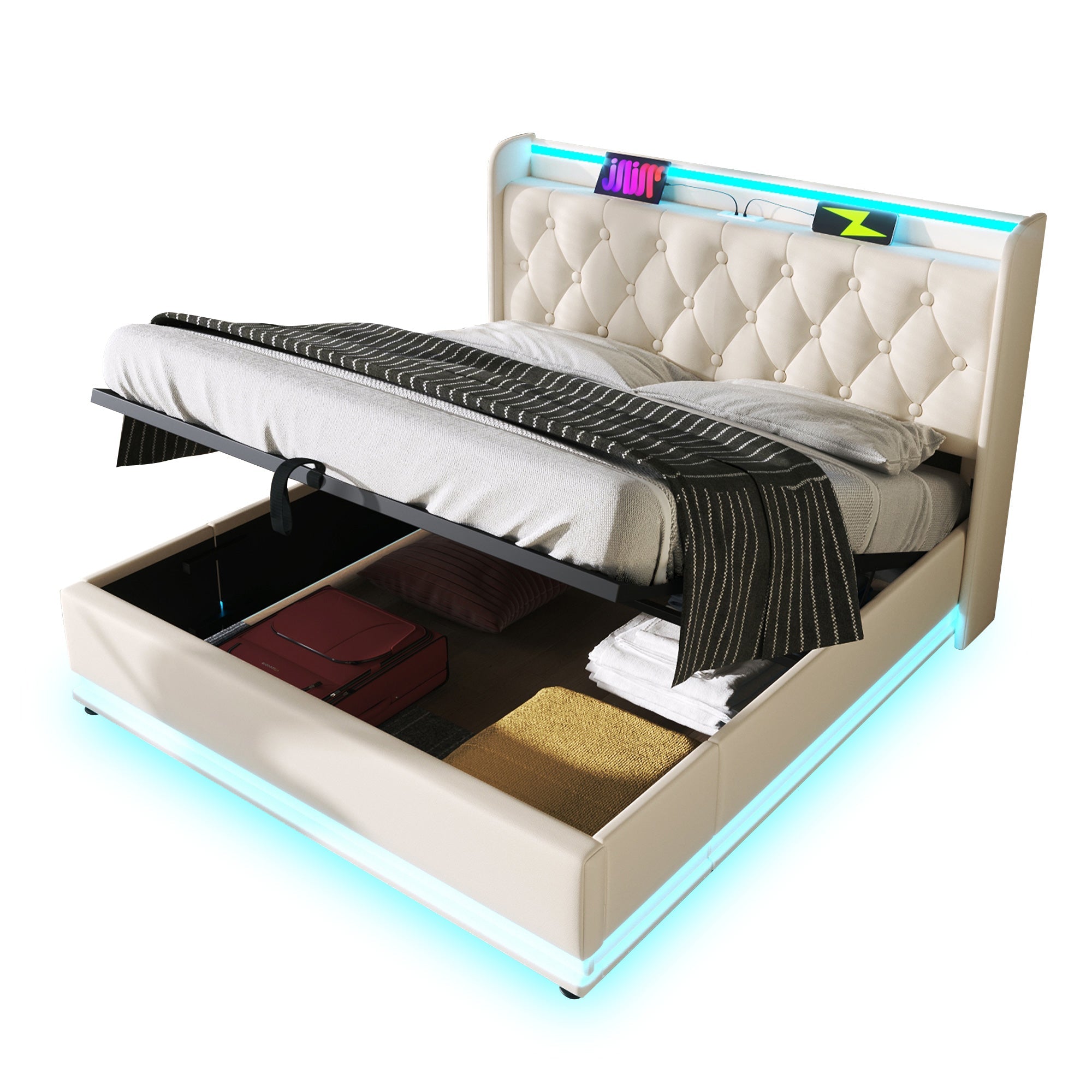 Upholstered Double Bed with Hydraulic Storage, 360° LED and USB Type-C, 140x190cm, White PU Leather