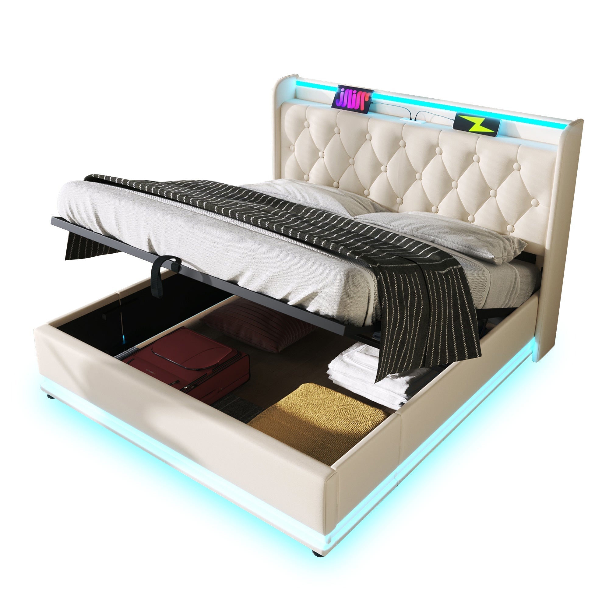 Upholstered Double Bed with Hydraulic Storage, 360° LED and USB Type-C, 140x190cm, White PU Leather