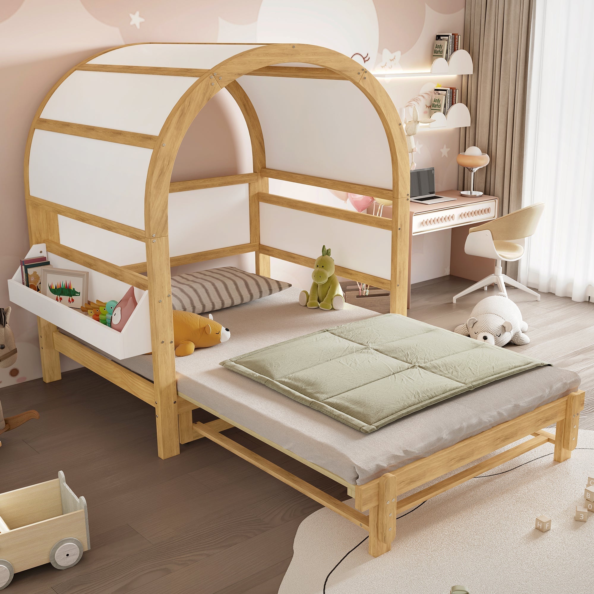 Extendable Arched Roof Bed Sliding Daybed 140x200cm Small Shelf - White/Natural