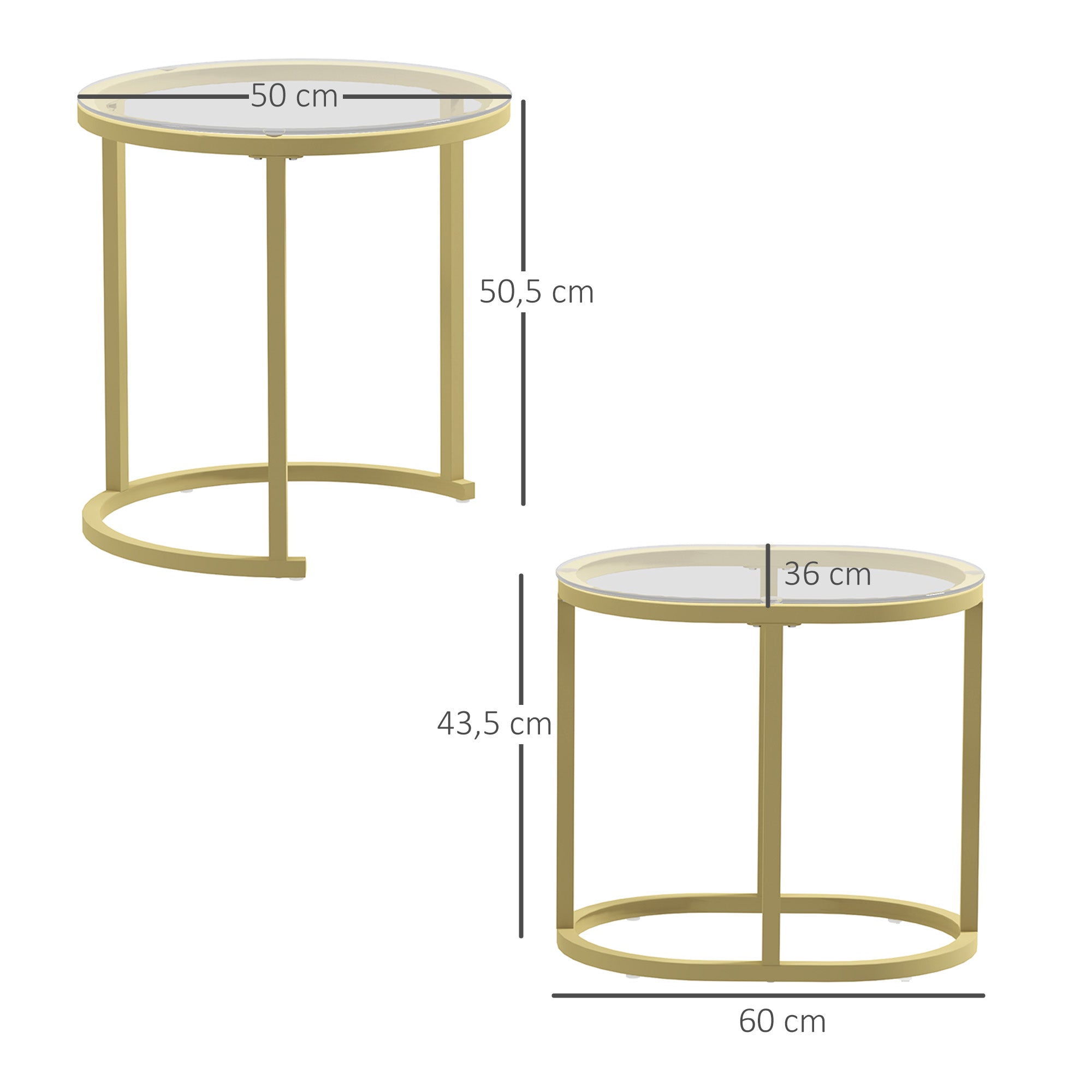 Round coffee table set of 2, stackable side table with steel frame, gold