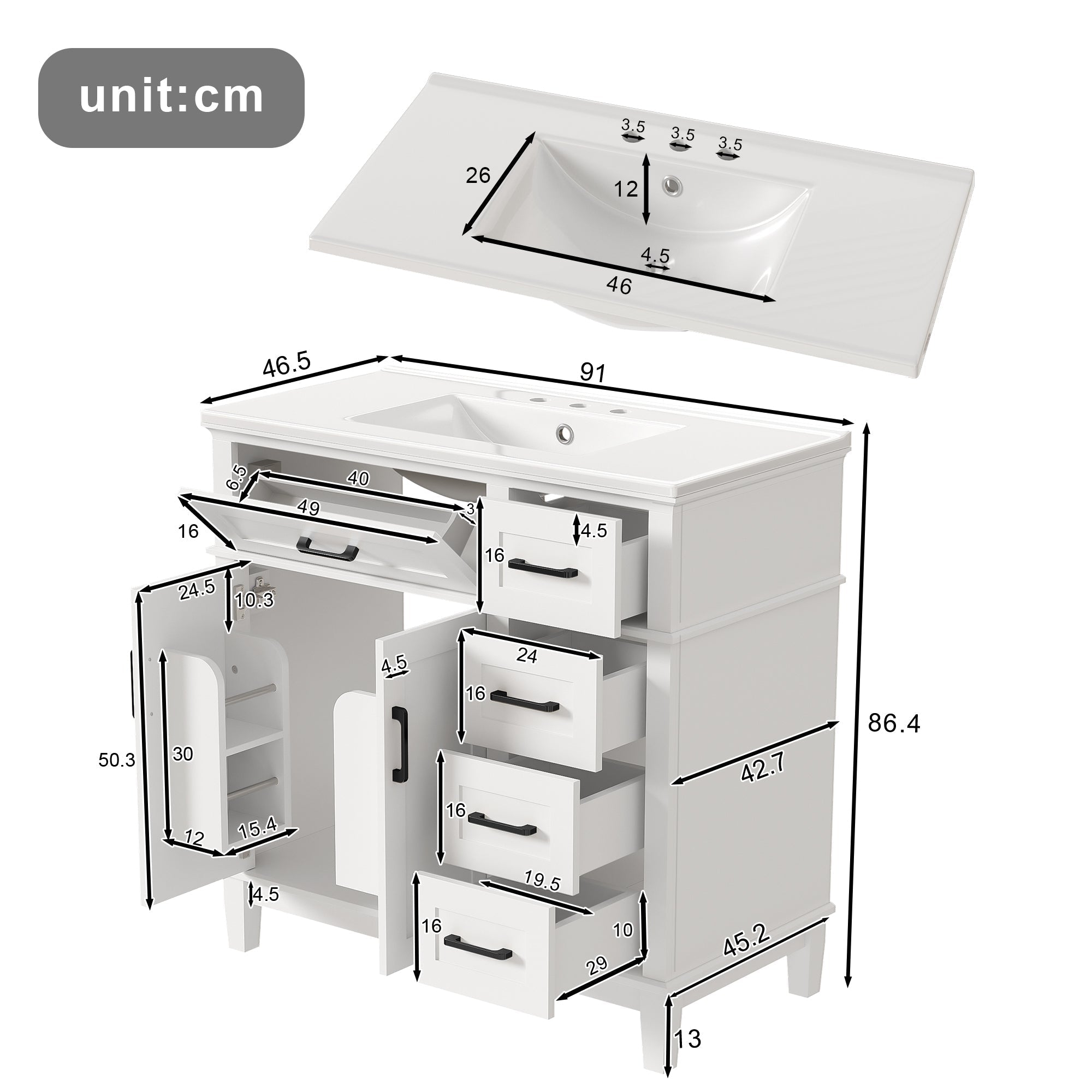 Bathroom Vanity Unit with Ceramic Sink and Soft-Close Drawers, White and Black