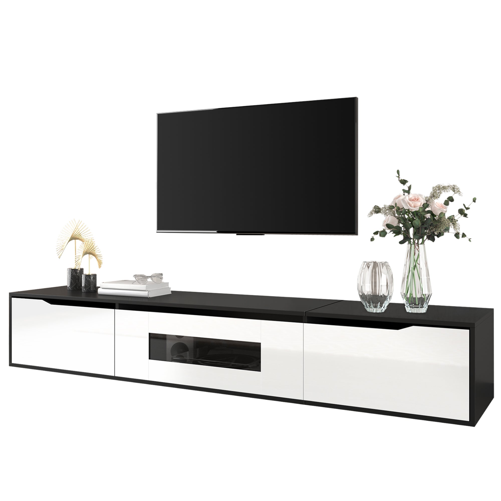 TV Cabinet High-Gloss 180cm Wall-Mounted LED USB - Black/White