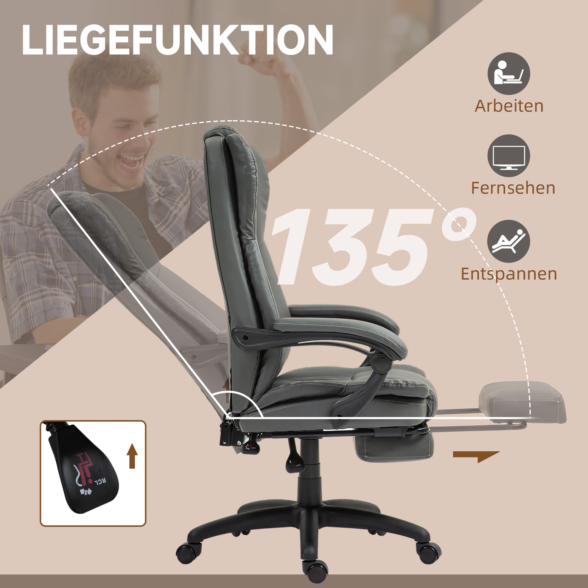 Office Chair Executive Swivel Height Adjustable Footrest Headrest Reclining Massage Dark Grey Faux Leather