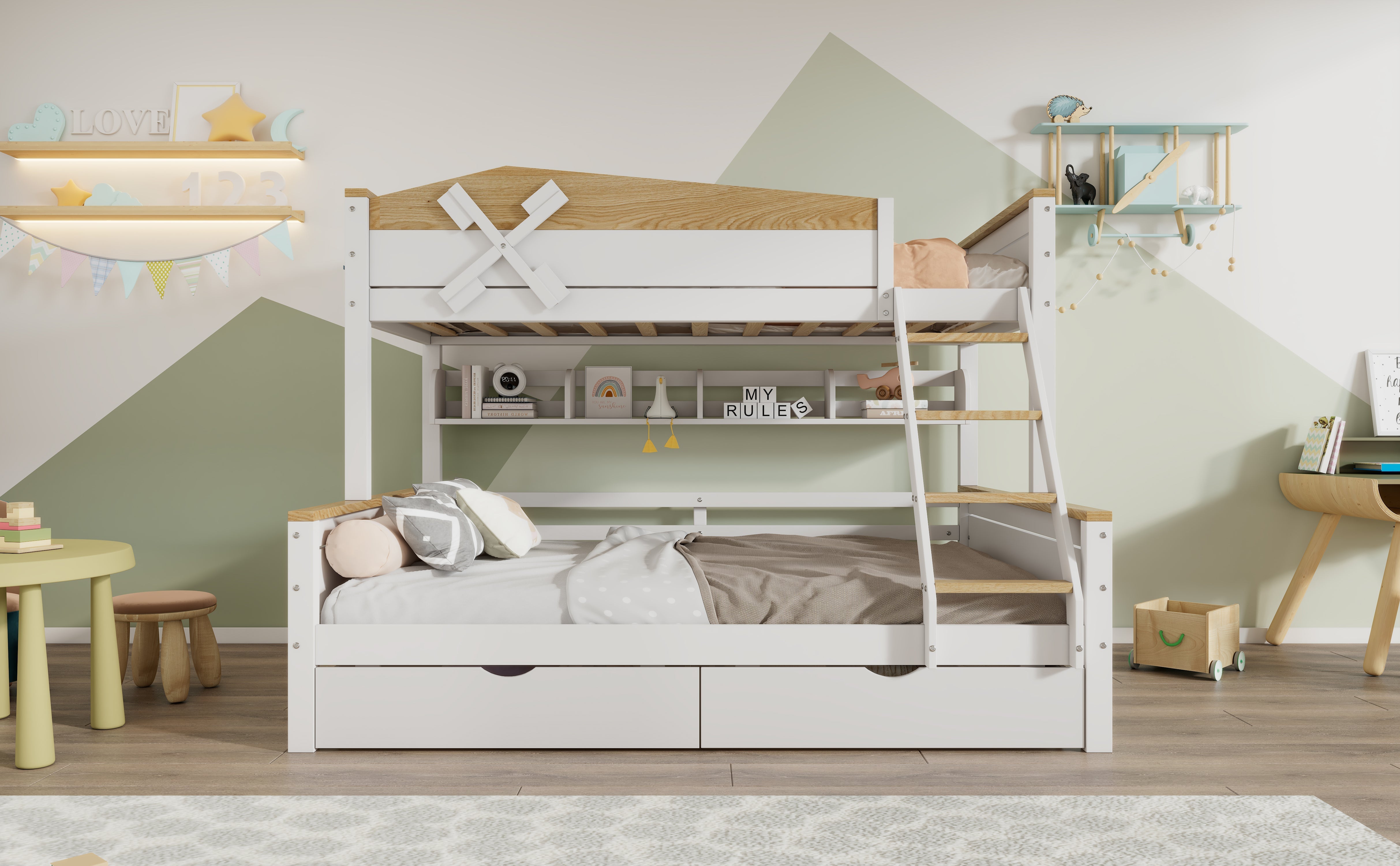 Bunk Bed with Windmill, Shelves & Drawers, Pine + MDF, White + Natural
