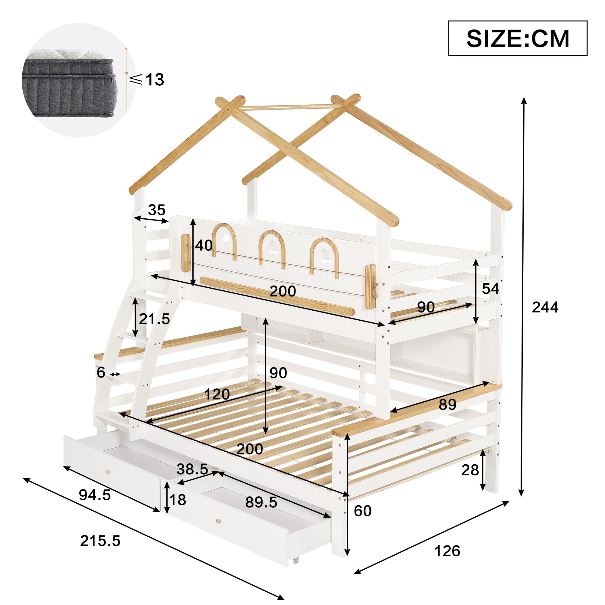 Bunk Bed Children's, Drawers Roof Slanted Staircase 90x200cm & 120x200cm, Pine + MDF White + Natural