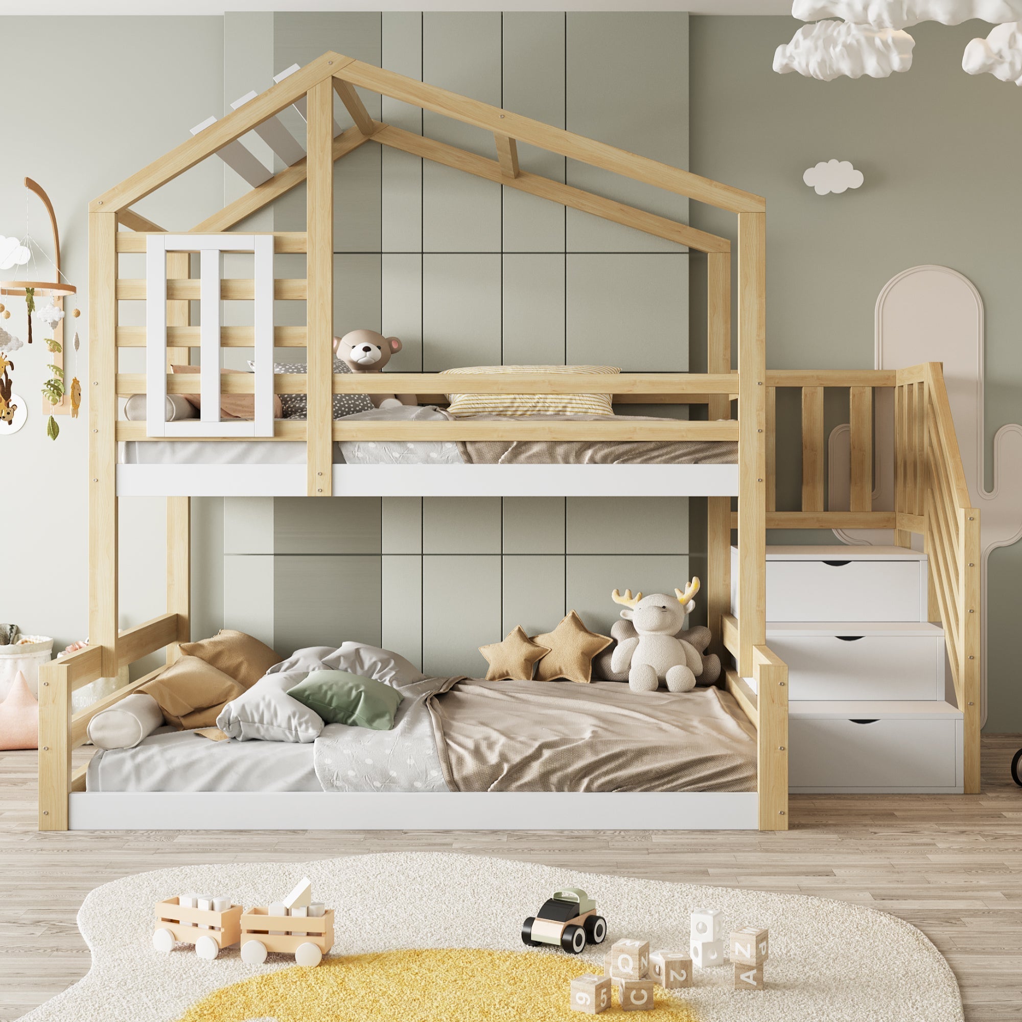 Bunk Bed 90x200cm with Window Railing Storage Steps Natural Pine Wood