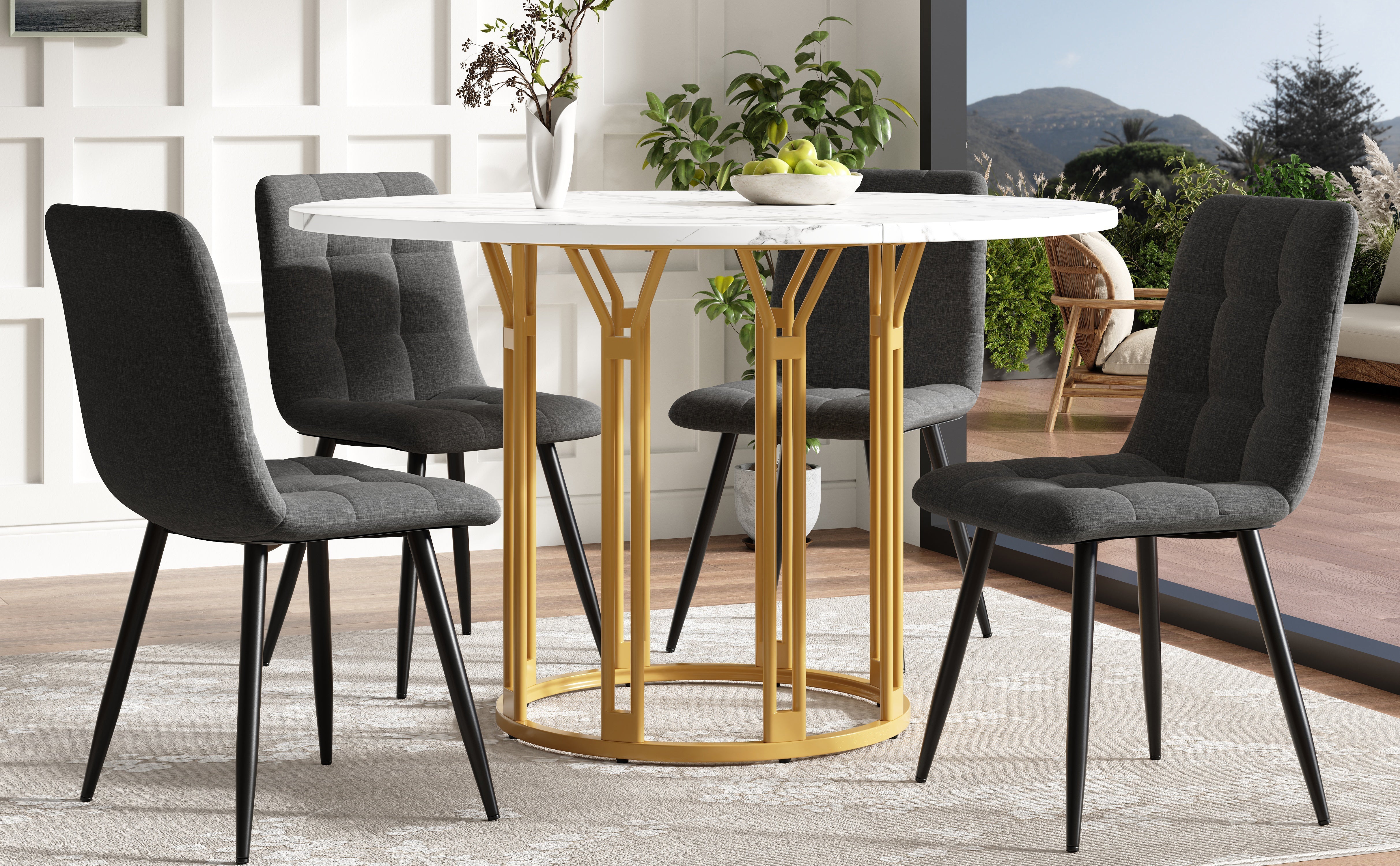 Dining Table Set 5-Piece Round Marble Top 4 Chairs Linen Bench - Grey