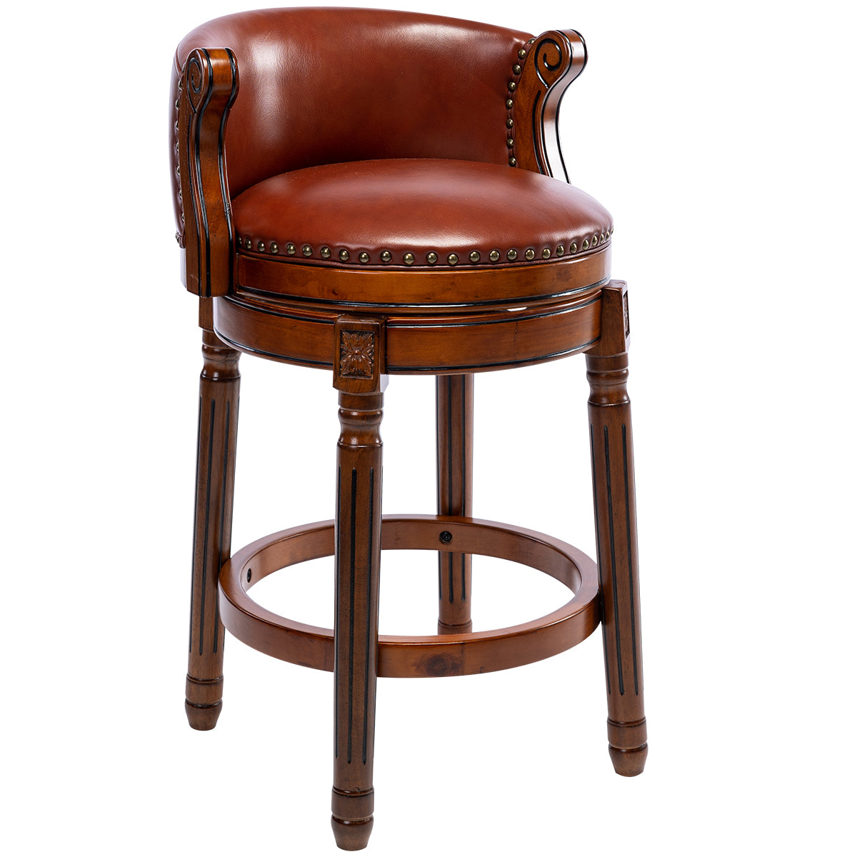 Cow Top Leather Wooden Bar Stools, Swivel Bar Chair with Backs, Counter Height, Leather/Wood