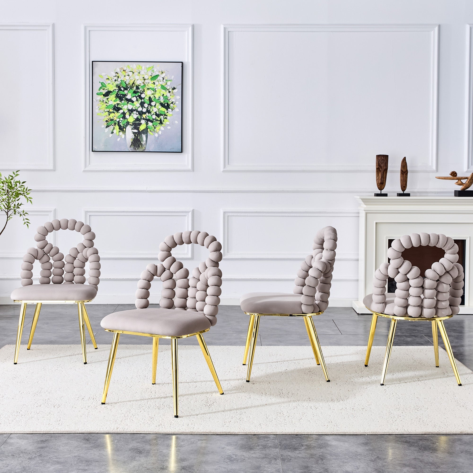 Dining Chairs Set of 2 Velvet Ball Chain Backrests Gold Legs - Light Grey