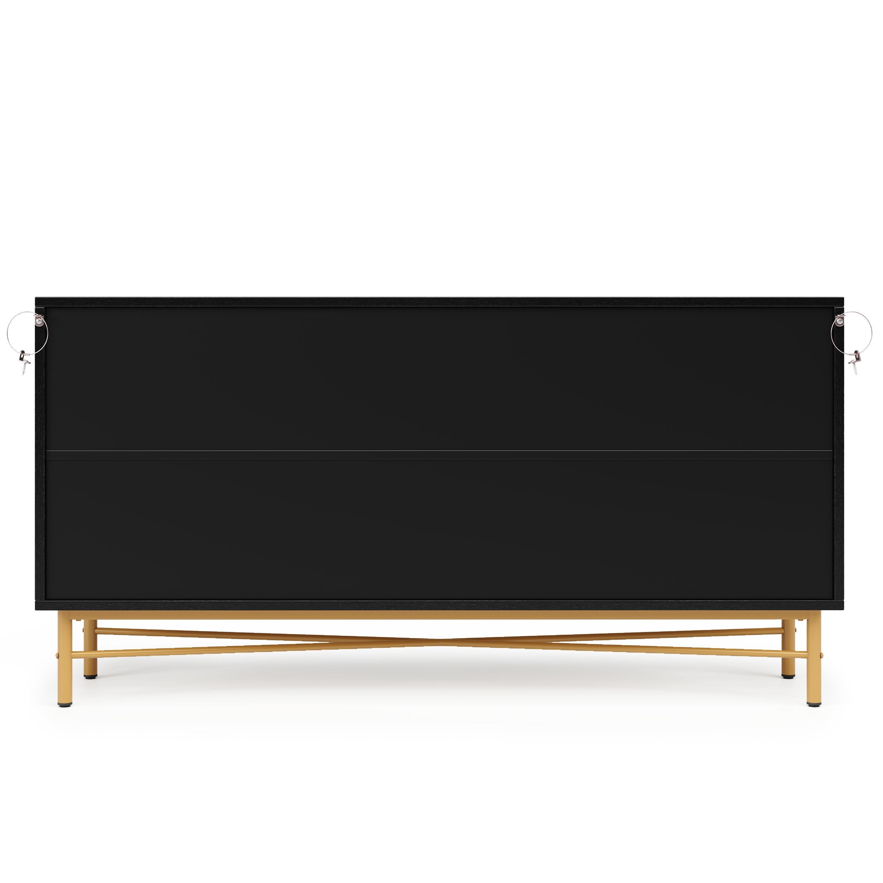 Sideboard Raised Texture 160cm, Cabinet Four Doors, Golden Brushed Handles and High-Gloss Table Legs, Black