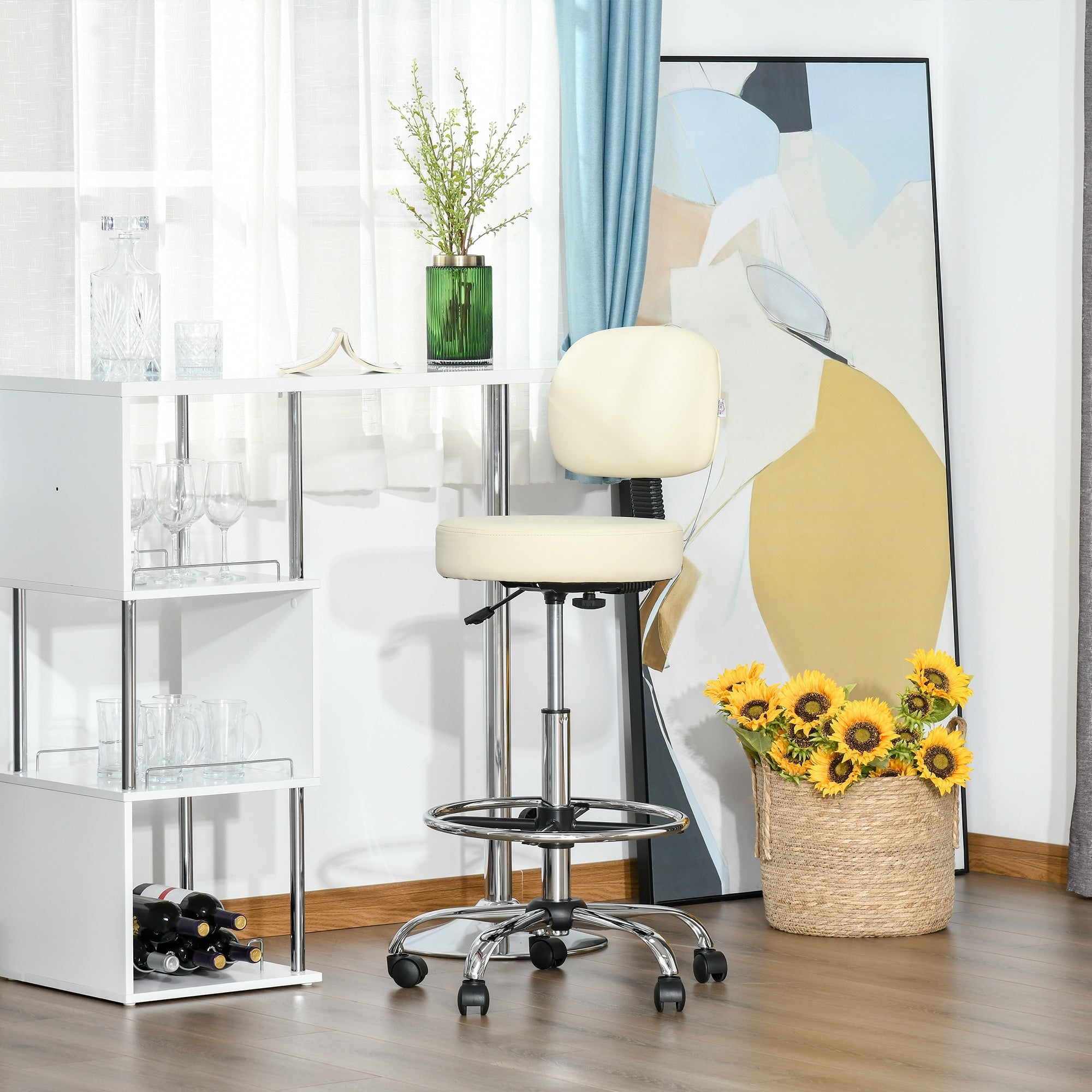 Swivel Bar Stool, Height Adjustable with Backrest, PU Leather Beige